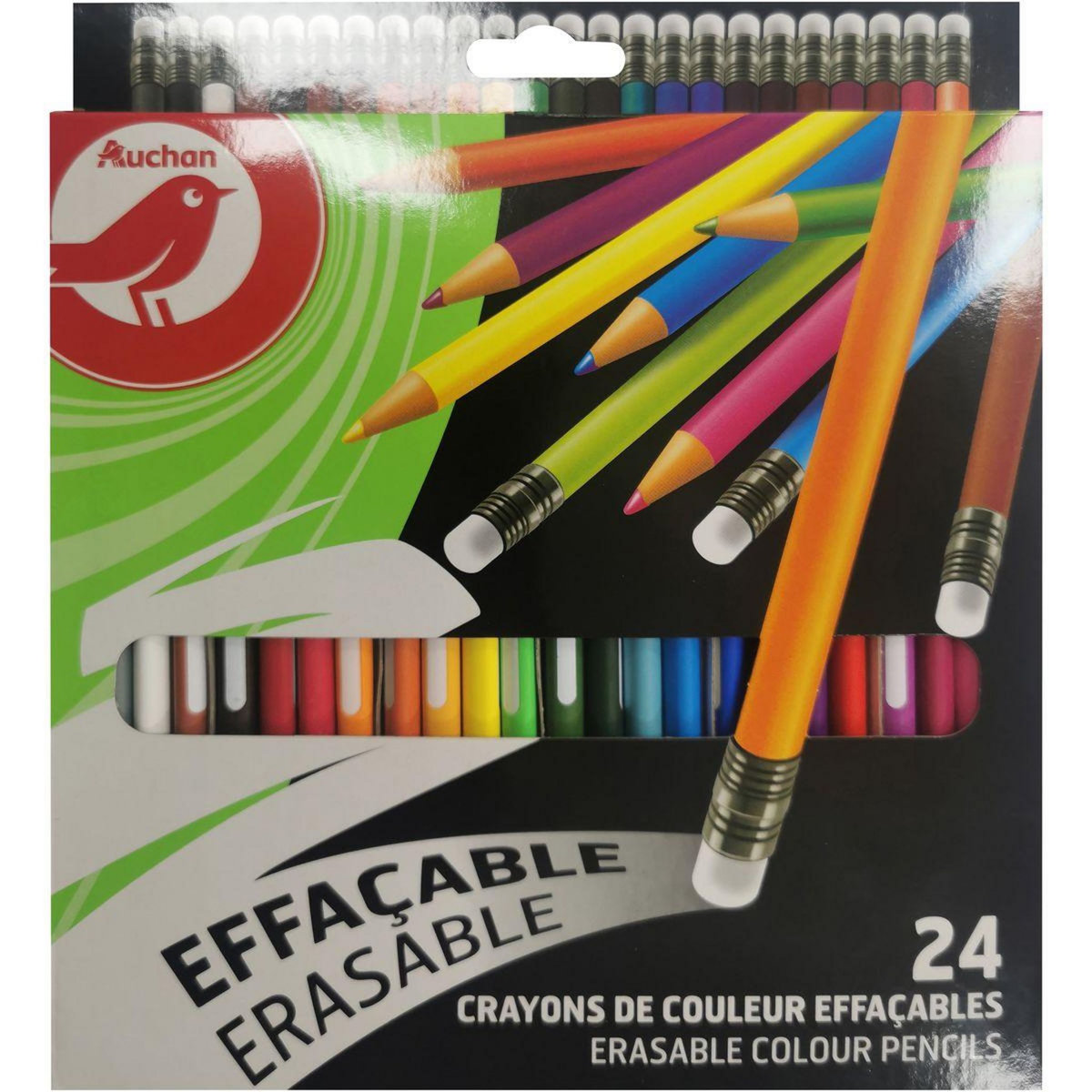 AUCHAN Etui de 24 crayons de couleur effaçables avec embout gomme
