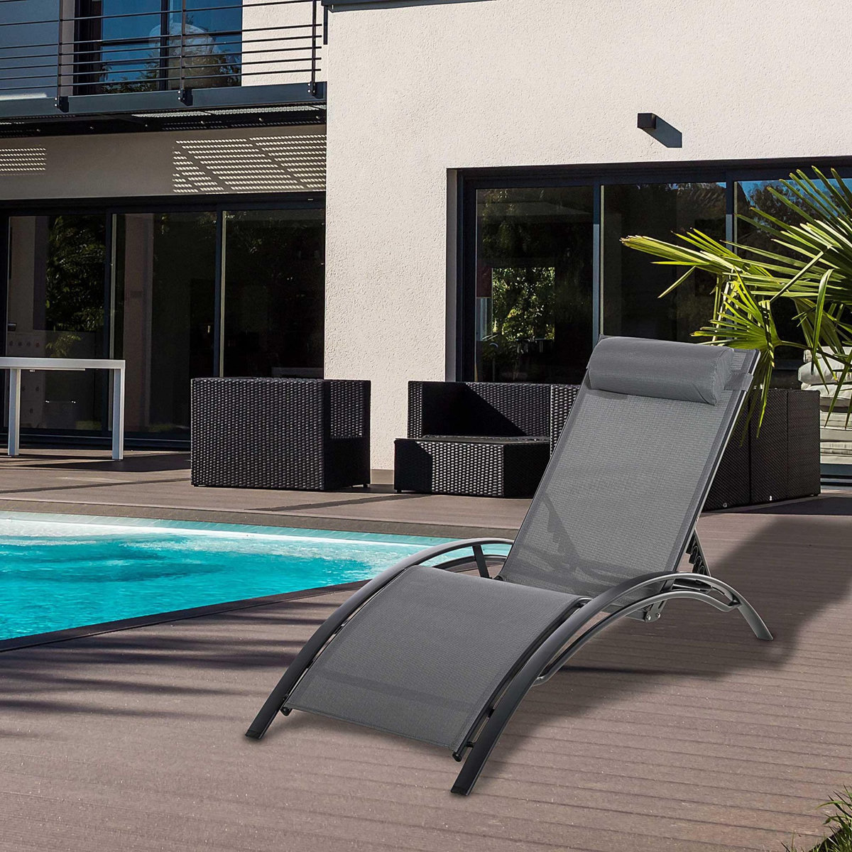 OUTSUNNY Bain de soleil transat design contemporain inclinable multi-positions tétière amovible incluse alu textilène gris