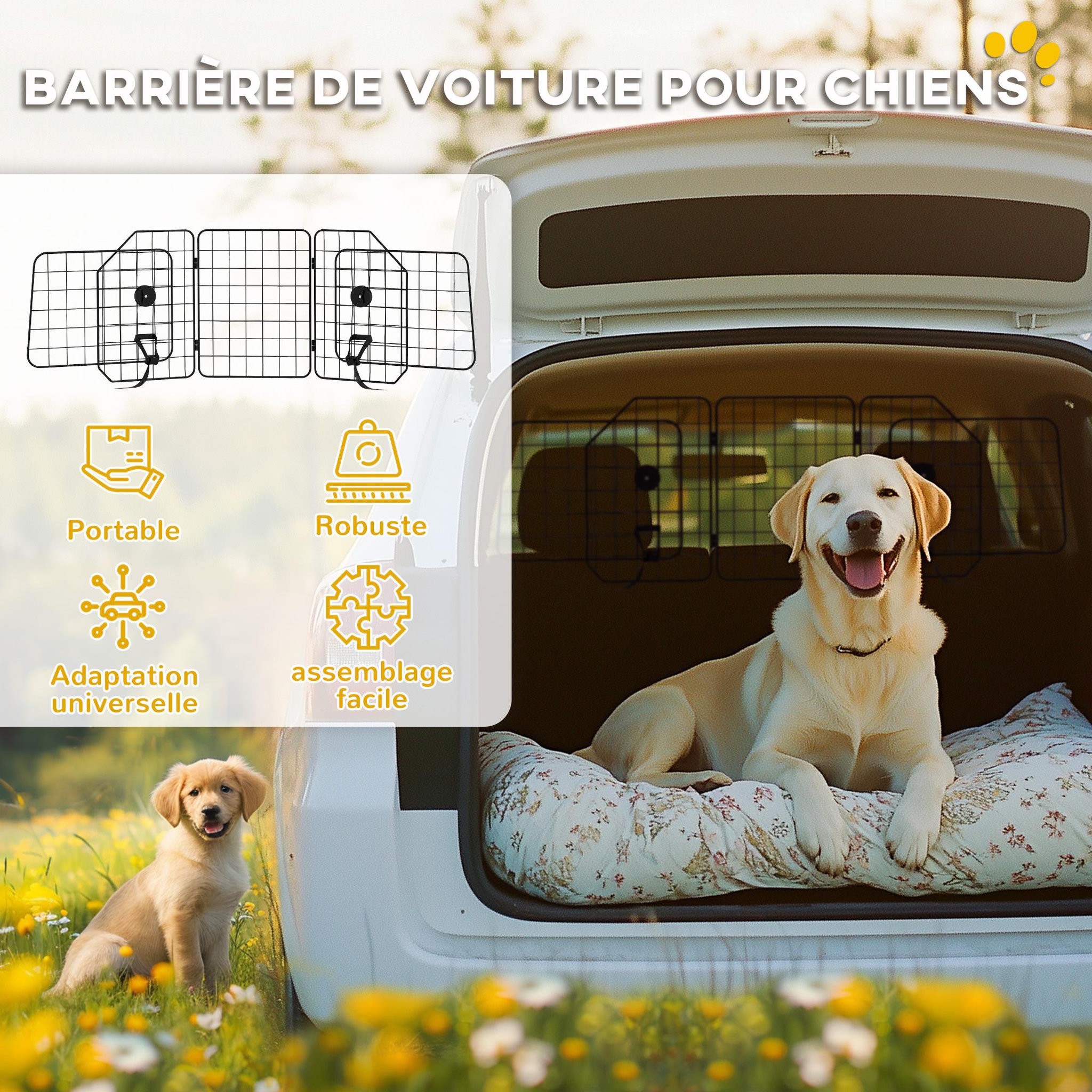 Voir la diapositive 4 : PAWHUT Grille de séparation voiture pour chien pliable réglable 93-150L cm universelle pour appui-tête noir