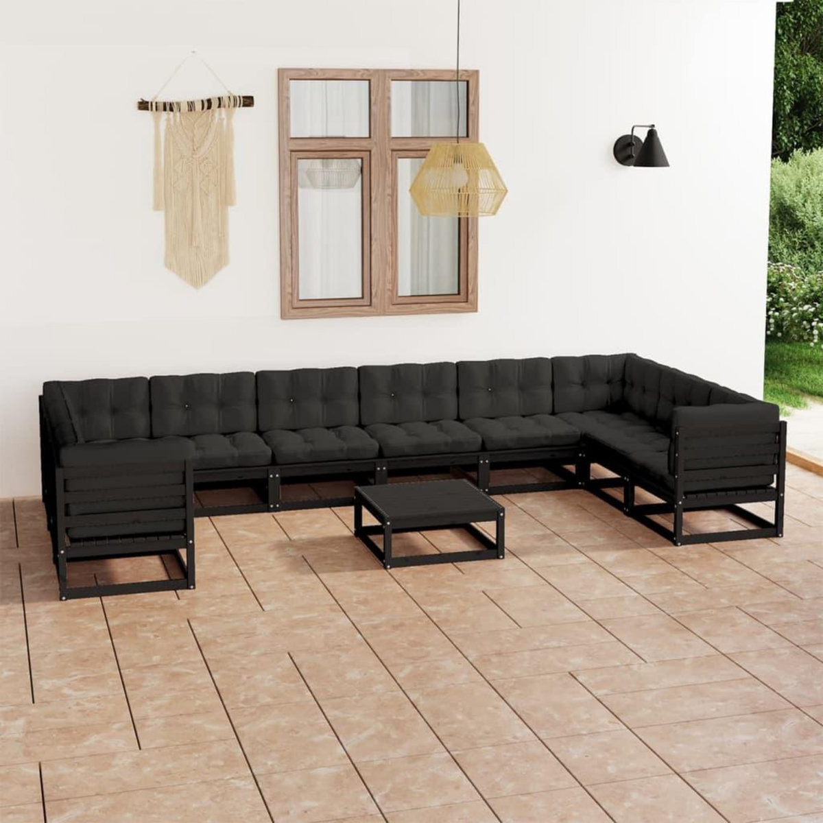 VIDAXL Salon de jardin 11 pcs avec coussins Noir Bois de pin massif