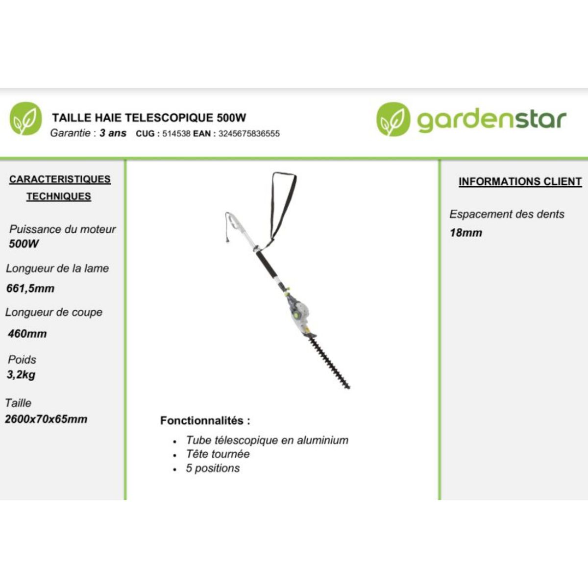 GARDENSTAR Taille haie télescopique électrique - 500W