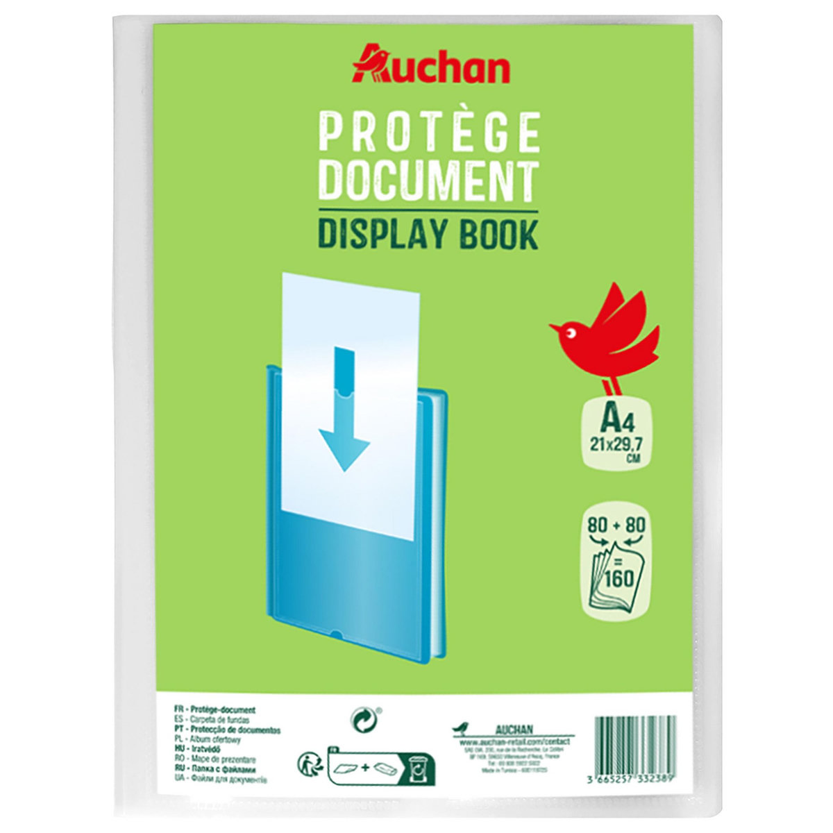 AUCHAN Lot de 3 protège-documents A4 souples 80 vues Polypro