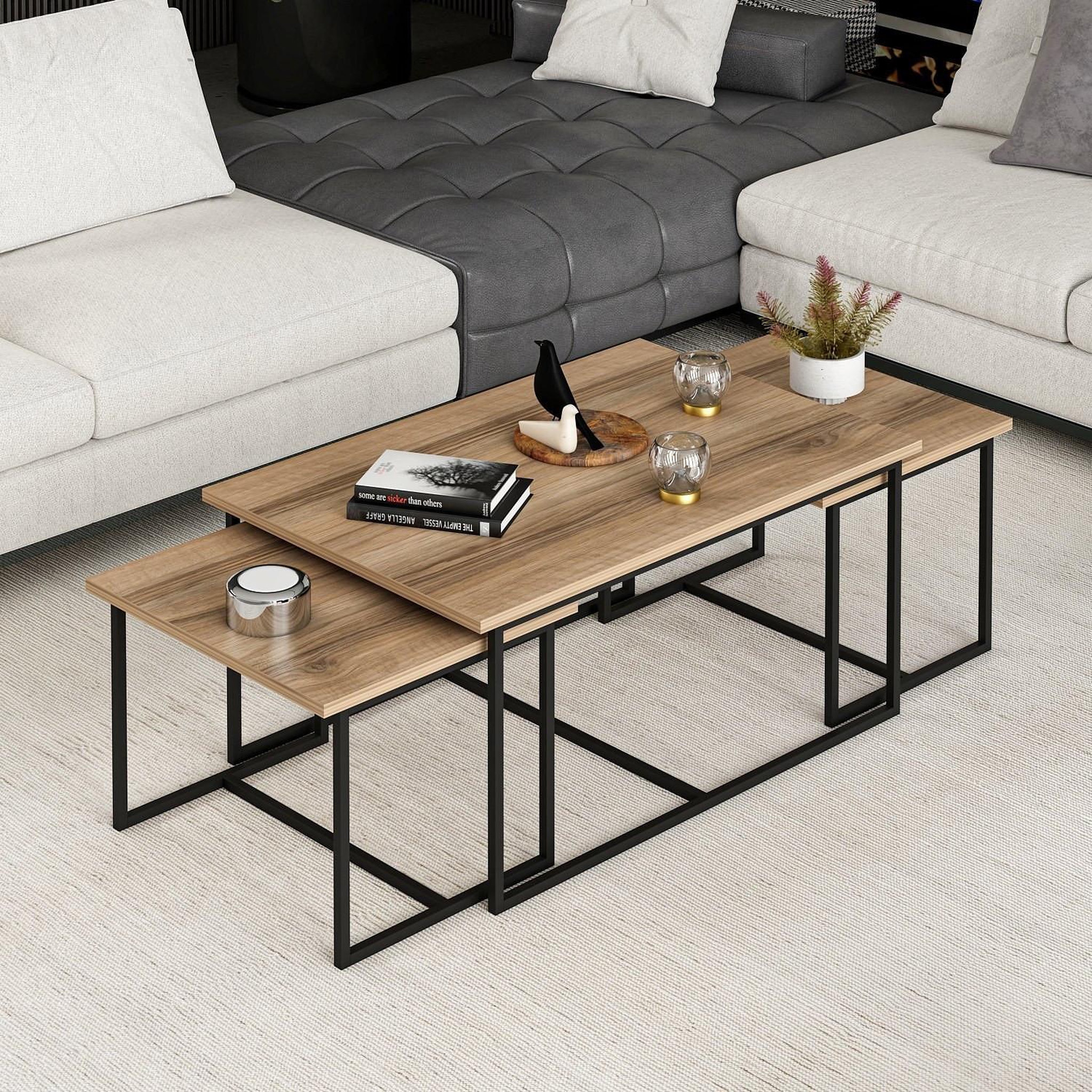 Voir la diapositive 2 : Habitat et Jardin Table gigogne (3 pièces) en bois  levada  - 90 x 60 x 42 cm - noyer
