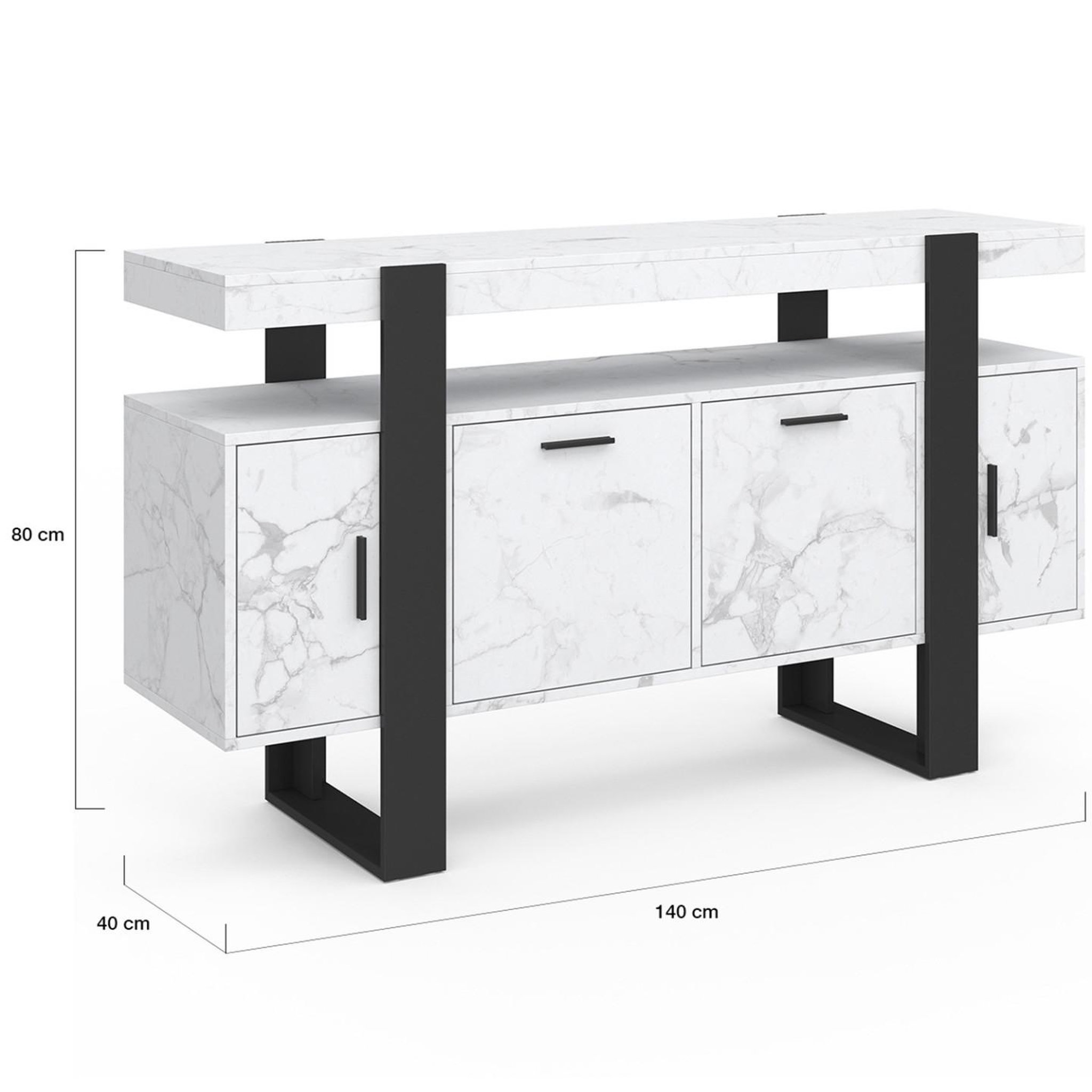 Voir la diapositive 5 : ID MARKET Buffet 140 cm PHOENIX 4 portes effet marbre blanc ALASKA et noir