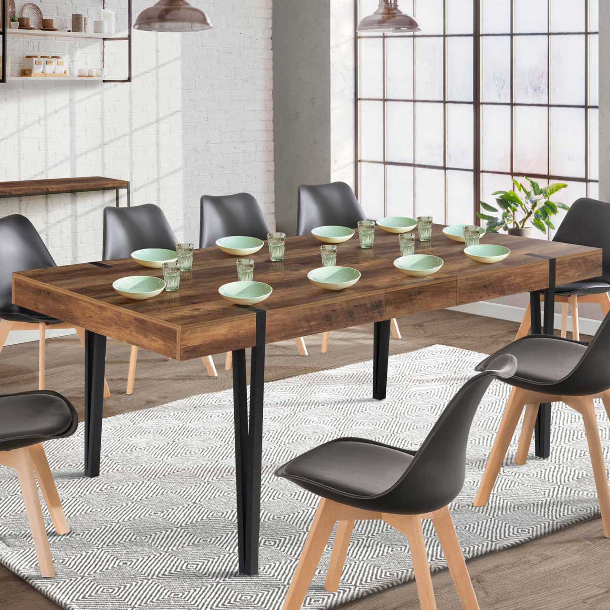 Voir la diapositive 2 : ID MARKET Table à manger extensible rectangle austria 6-10 personnes bois foncé pied épingle noir 160-200 cm