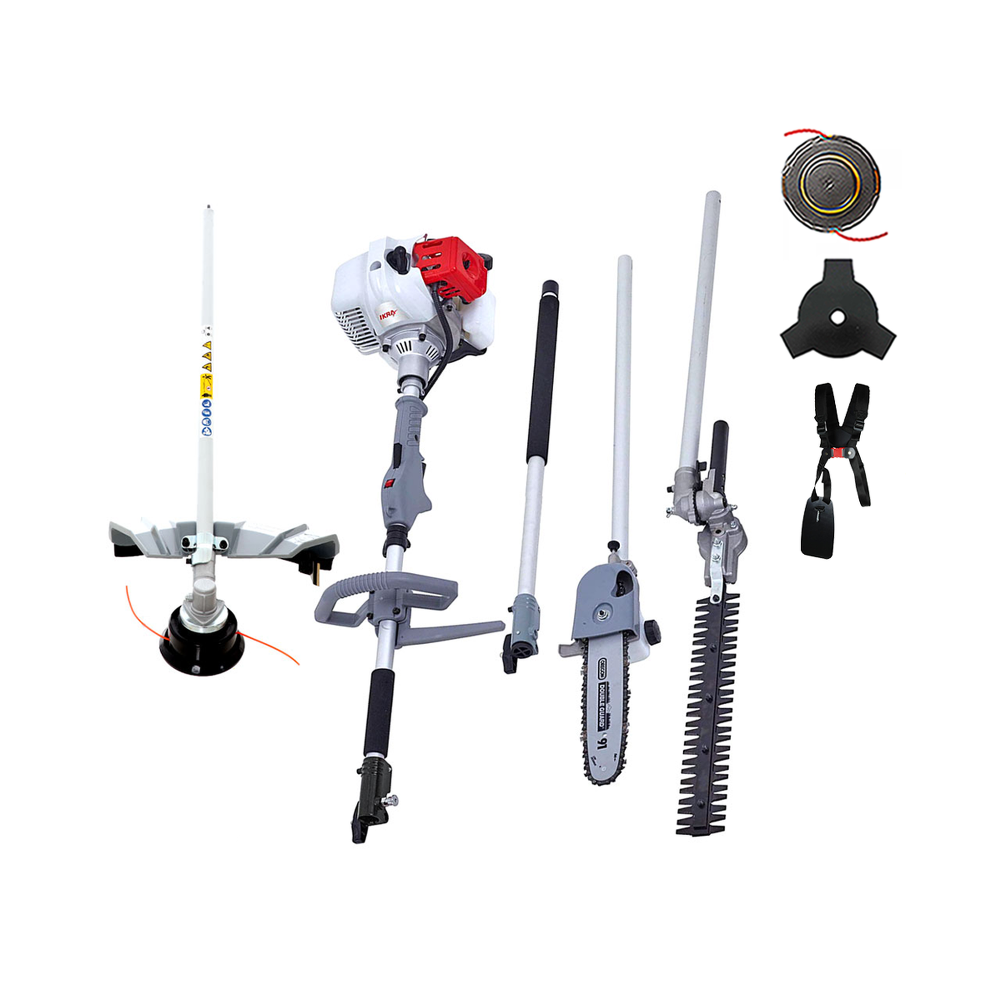 Ikra Outils de jardin multifonction thermique 4en1 taille haie + élagueuse + débroussailleuse (lame et bobine) harnais confort ikra