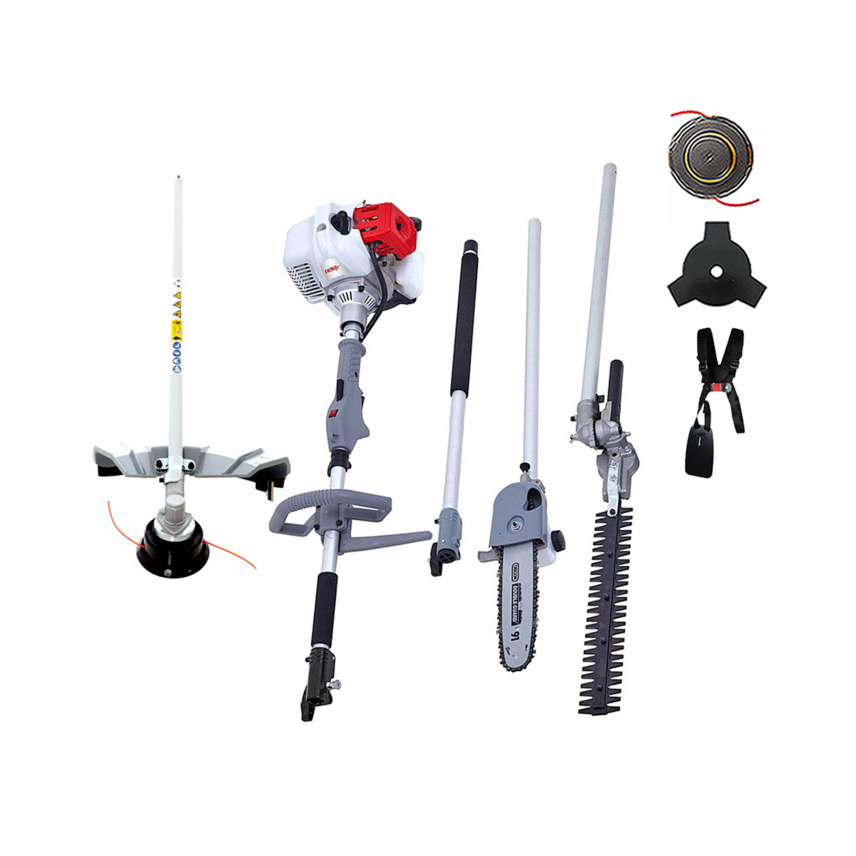 Ikra Outils de Jardin Multifonction Thermique 4en1 Taille haie + Élagueuse + Débroussailleuse (lame et bobine) Harnais Confort IKRA
