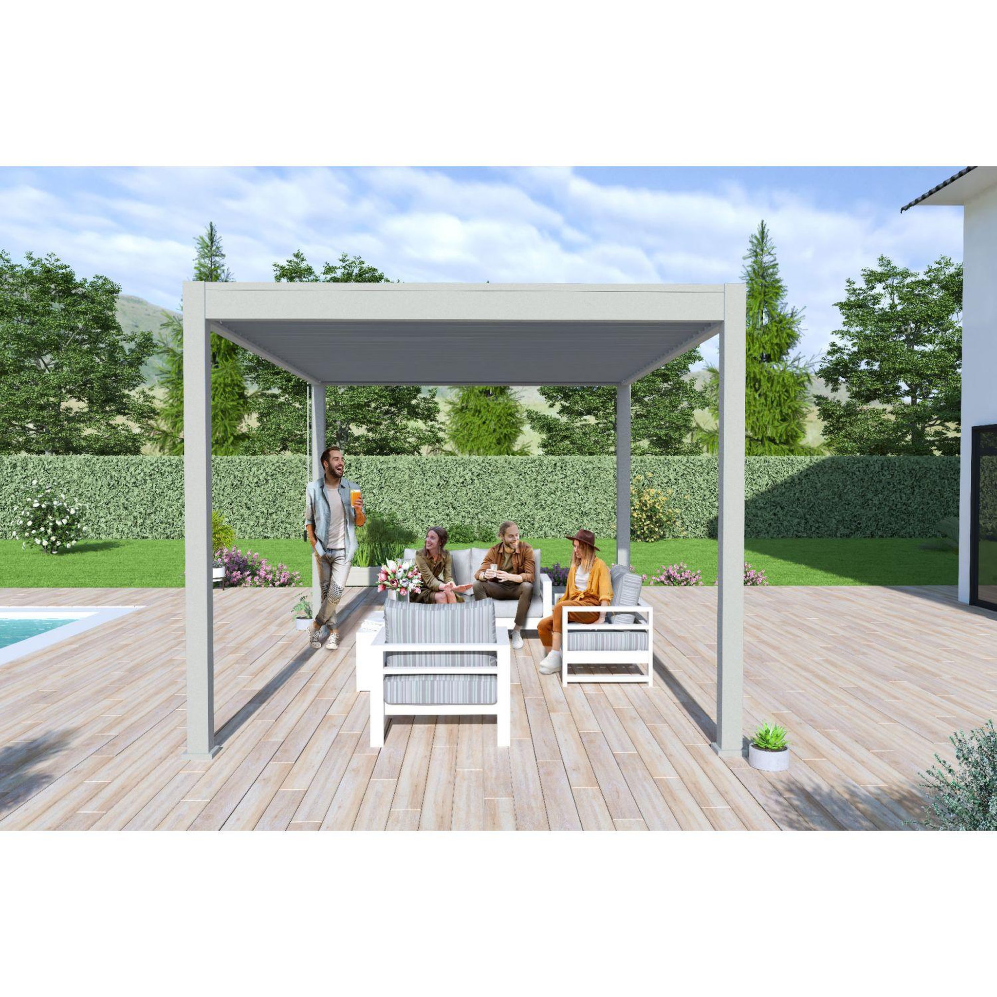 Voir la diapositive 5 : Pergola Bioclimatique autoportée - Aluminum Gris perle - 3x4m OMBREA®