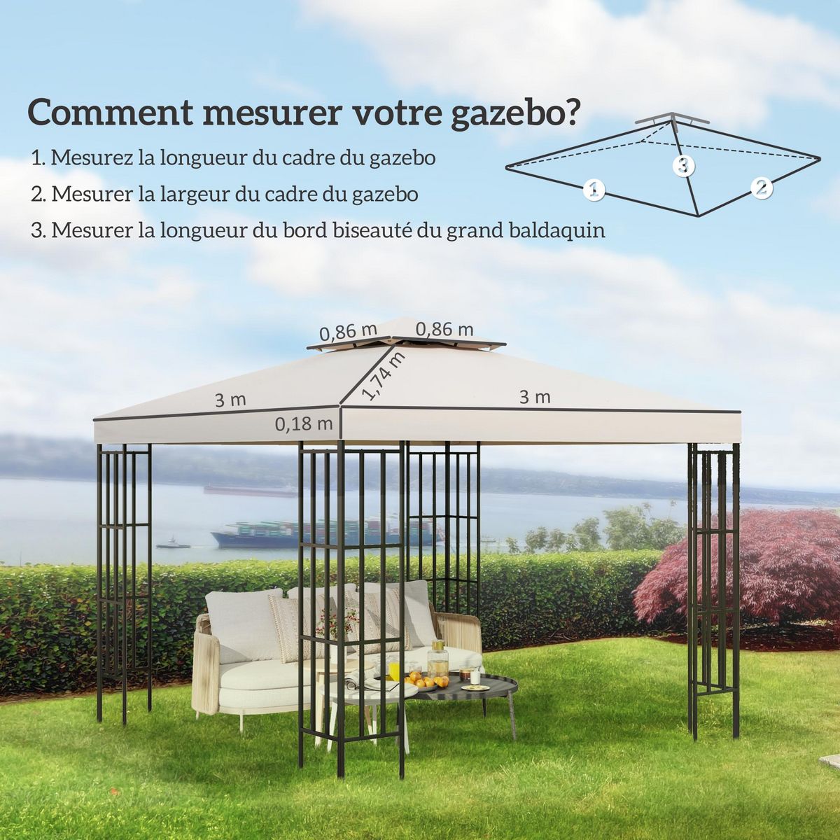 HOMCOM Toile de toit de rechange pour pavillon tonnelle tente 3x3m crème