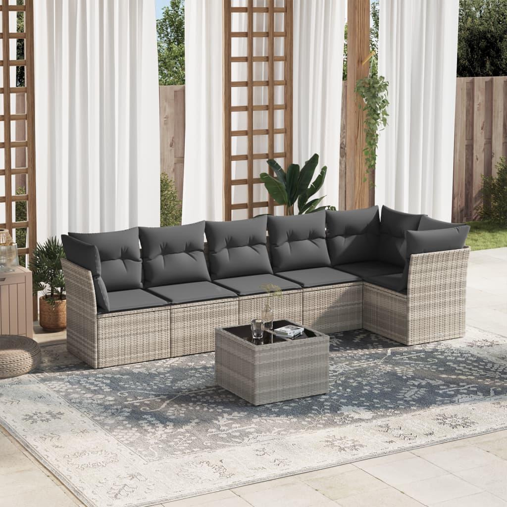 VIDAXL Salon de jardin avec coussins 7 pcs gris clair resine tressee