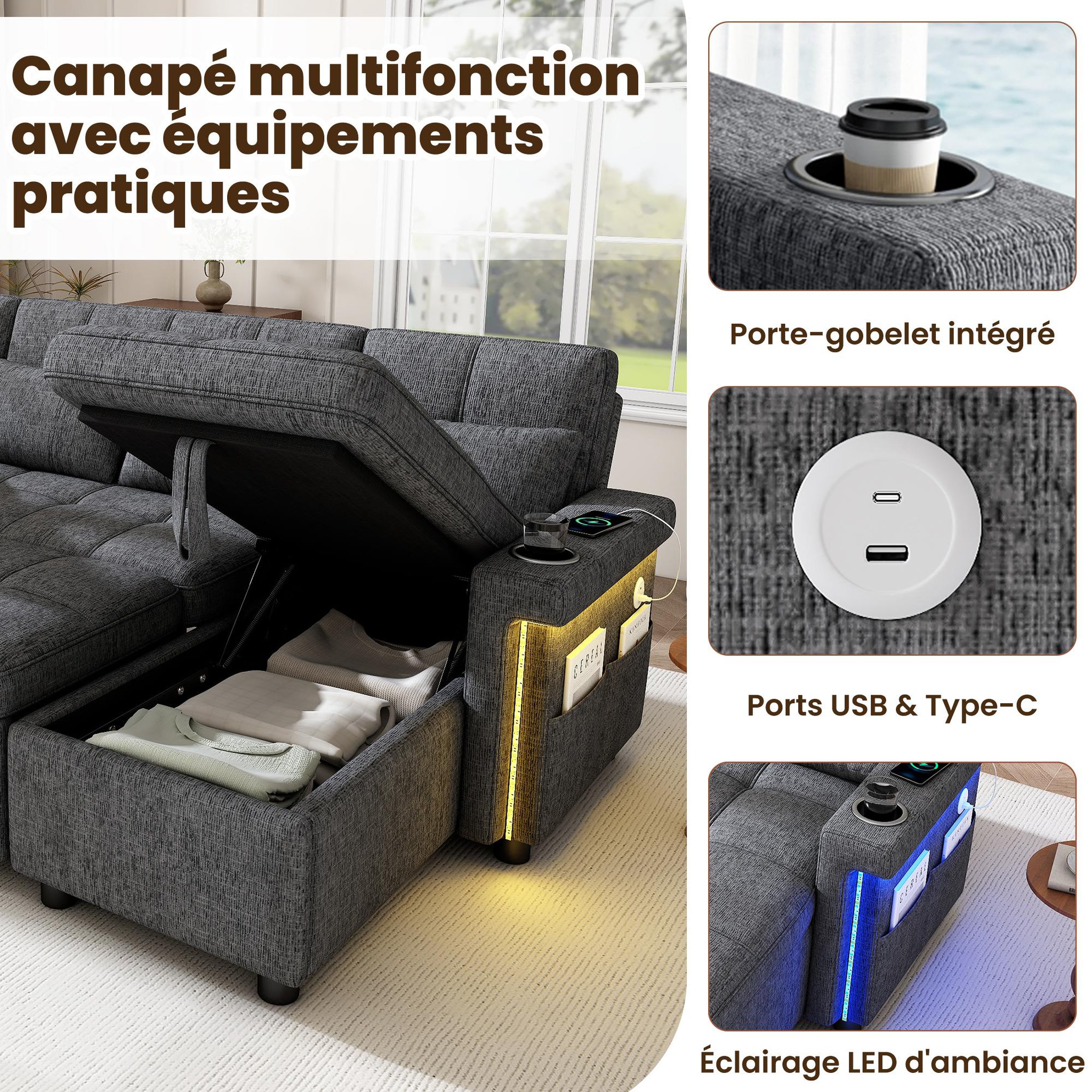 Voir la diapositive 6 : MERAX Canapé d'angle u convertible 4 places avec dossier réglable led usb type-c tissu chenille