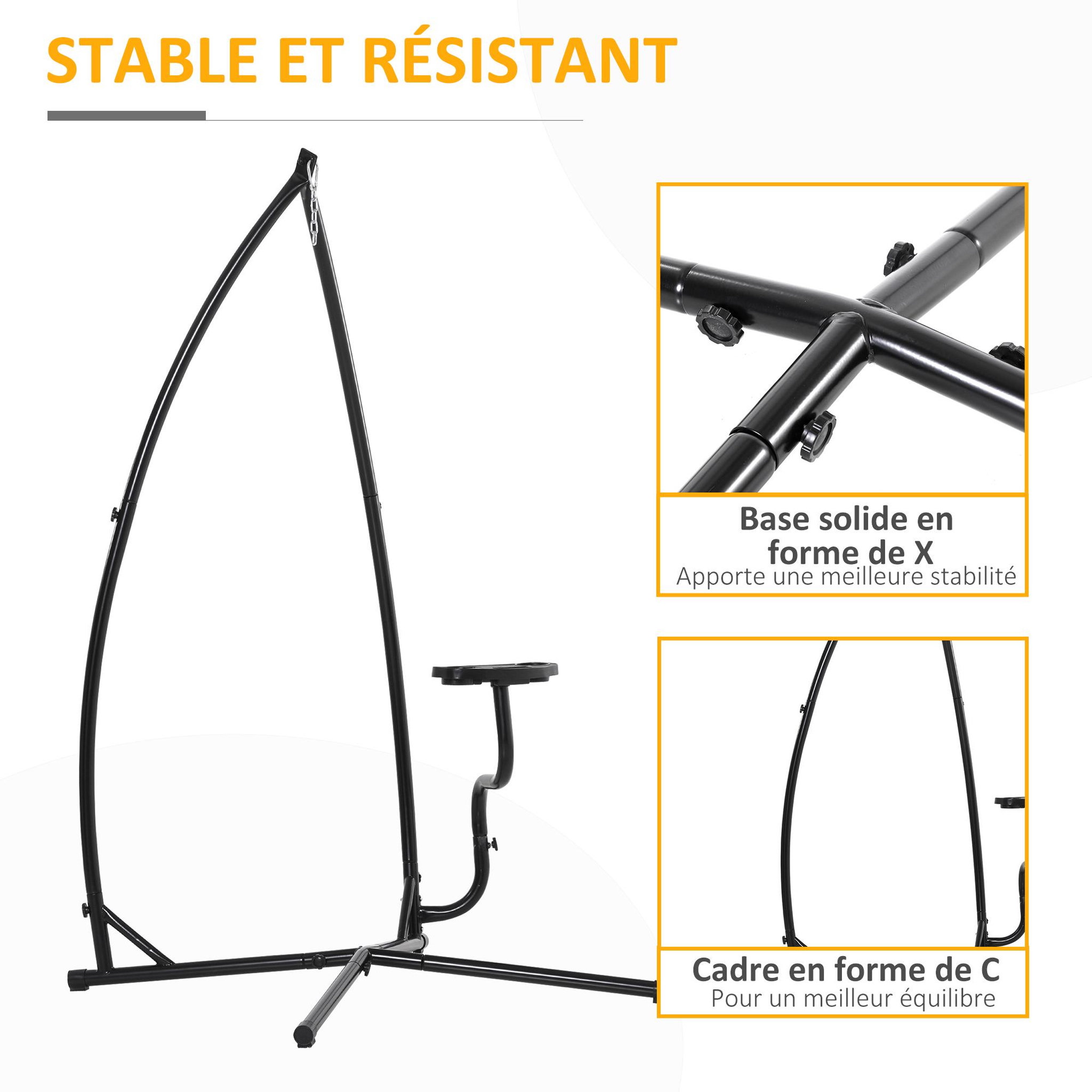 Voir la diapositive 4 : OUTSUNNY Support pour fauteuil suspendu - pied fauteuil suspendu - tablette réglable incluse - charge max. recommandée 120 Kg