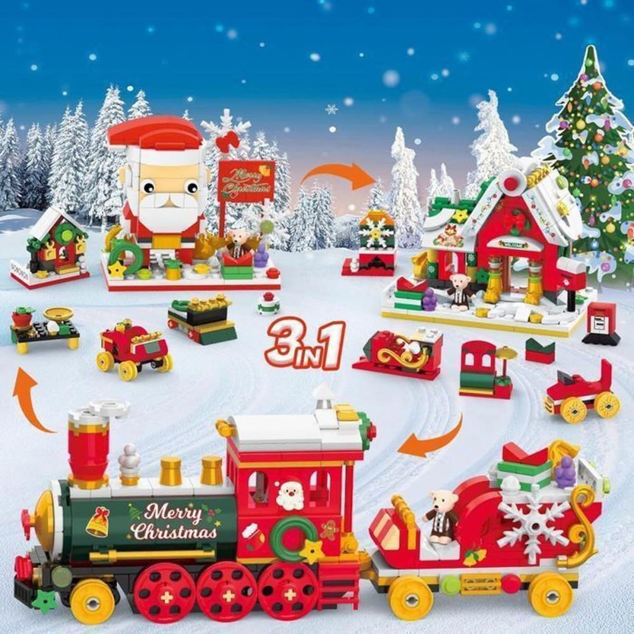 Voir la diapositive 4 : Jouet de construction Noël 3-en-1 403 pièces avec LED, modèles Père Noël, train et cabane