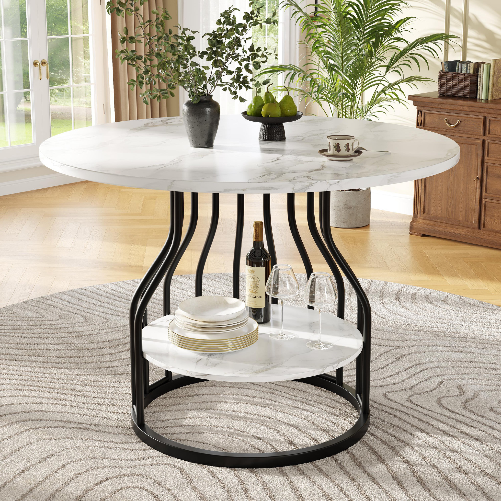 Voir la diapositive 2 : MERAX Table à manger ronde fixe blanc+noir - 80x80-80max.cm mdf