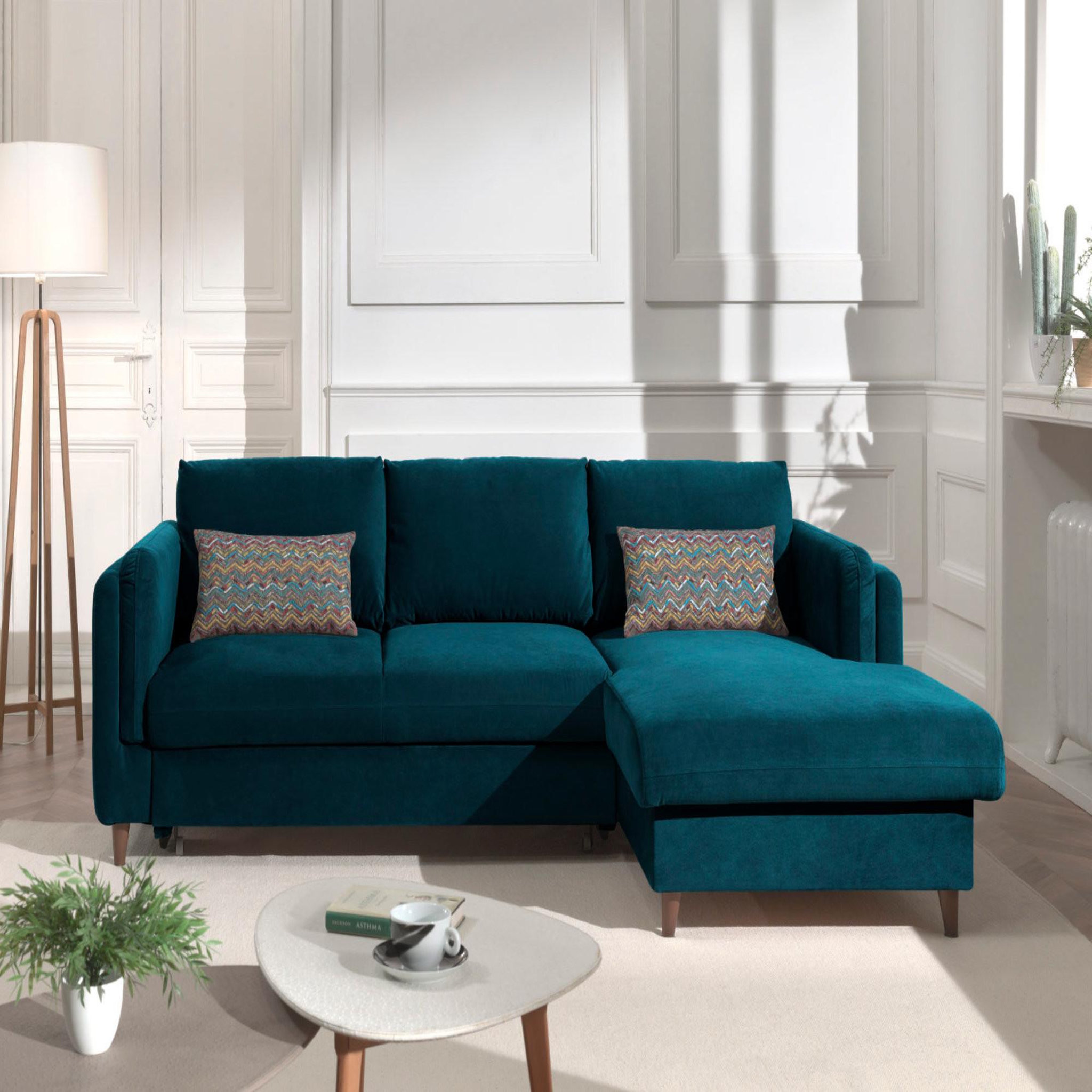 Voir la diapositive 2 : BEST MOBILIER Brooke - canapé d'angle droit - convertible avec coffre - 4 places - en velours