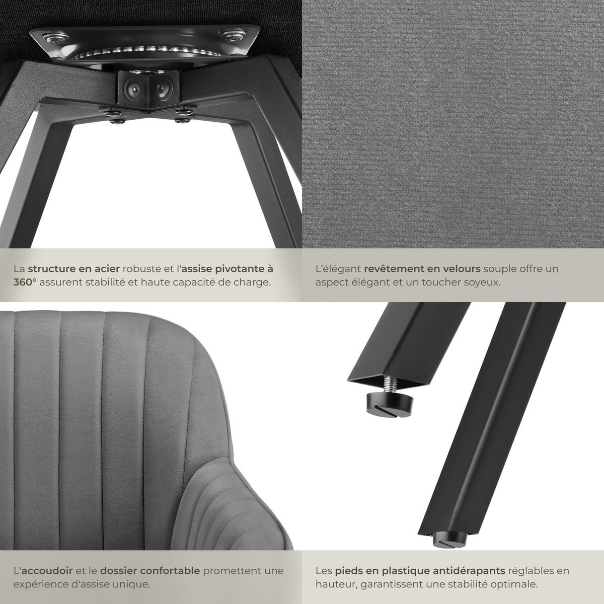 tectake Chaise pivotante avec accoudoirs rembourrée aspect velours gris Lot de 4