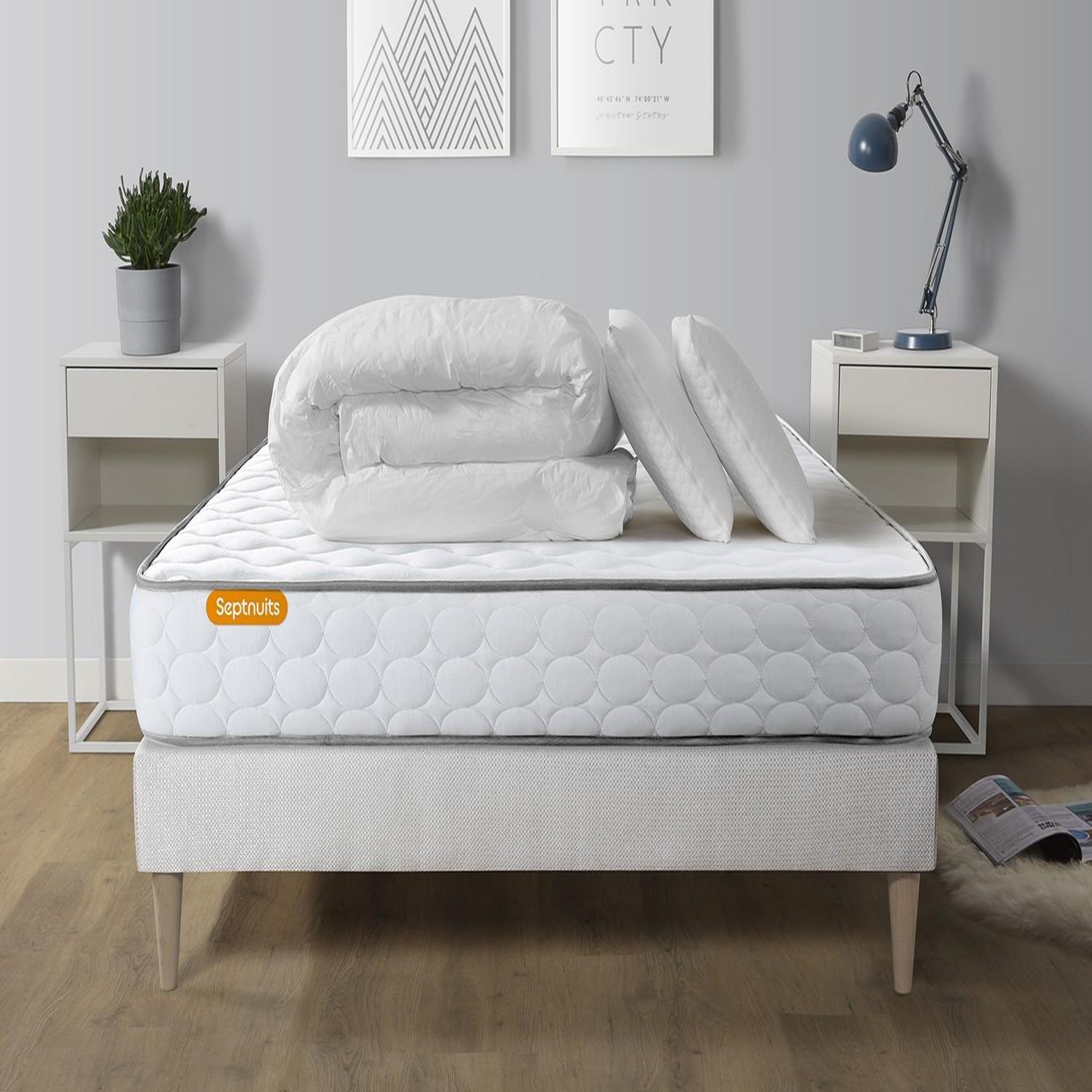 SEPTNUITS Pack matelas Memo + sommier kit blanc + 2 oreillers mémoire de forme. Coloris disponibles : Blanc