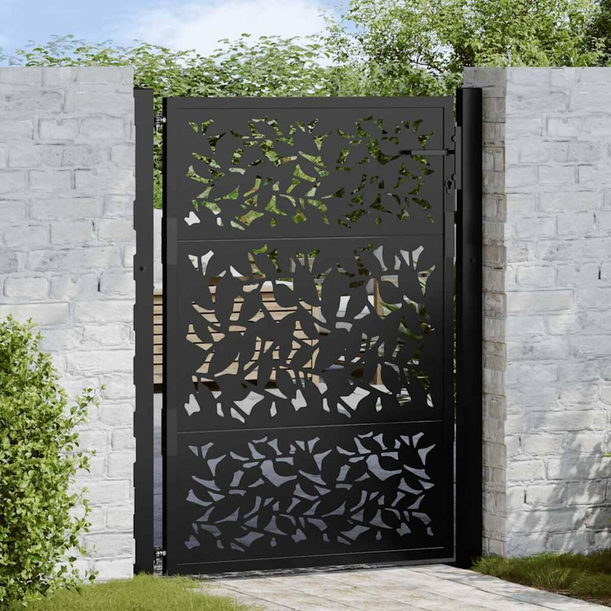 VIDAXL Portail de jardin noir 105x130 cm acier conception de feuilles