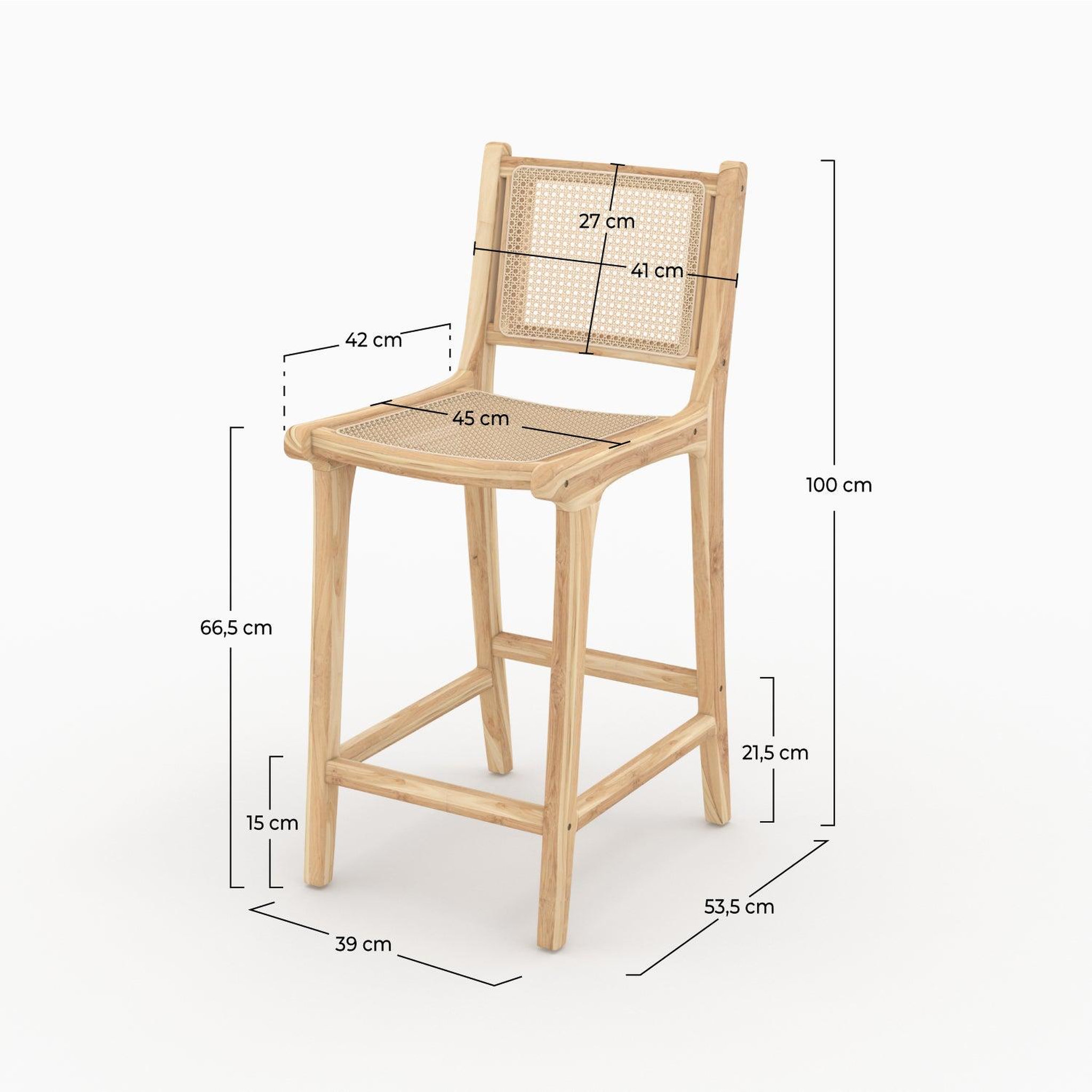 Voir la diapositive 4 : MAISON PAVANE Lot de 2 chaises pour îlot central en teck et cannage rotin 66,5 cm-kyla