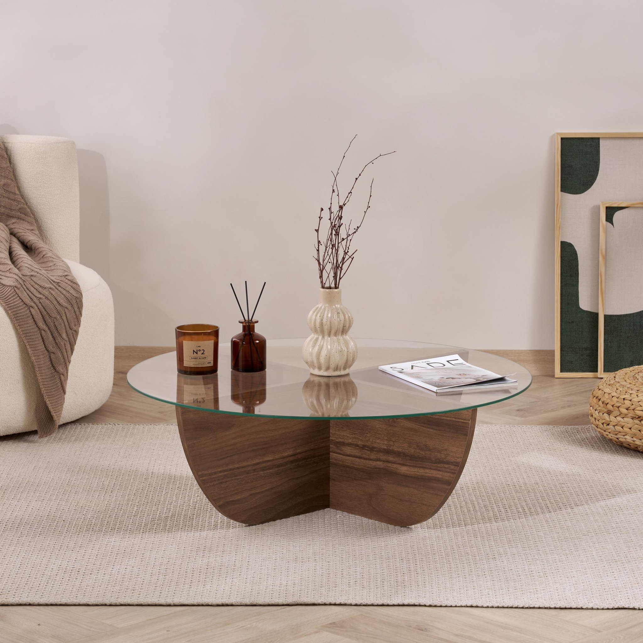 Voir la diapositive 4 : Habitat et Jardin Table basse en verre  liya  90 x 90 x 30 cm - noyer