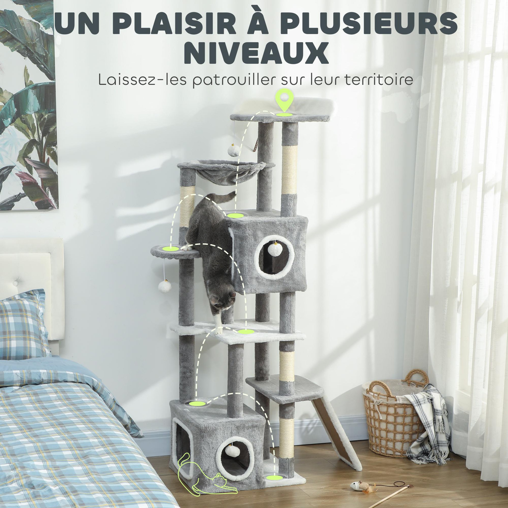 Voir la diapositive 6 : PAWHUT Arbre à chat design grande taille h.165cm équipements jeux multiples sisal naturel peluche gris blanc