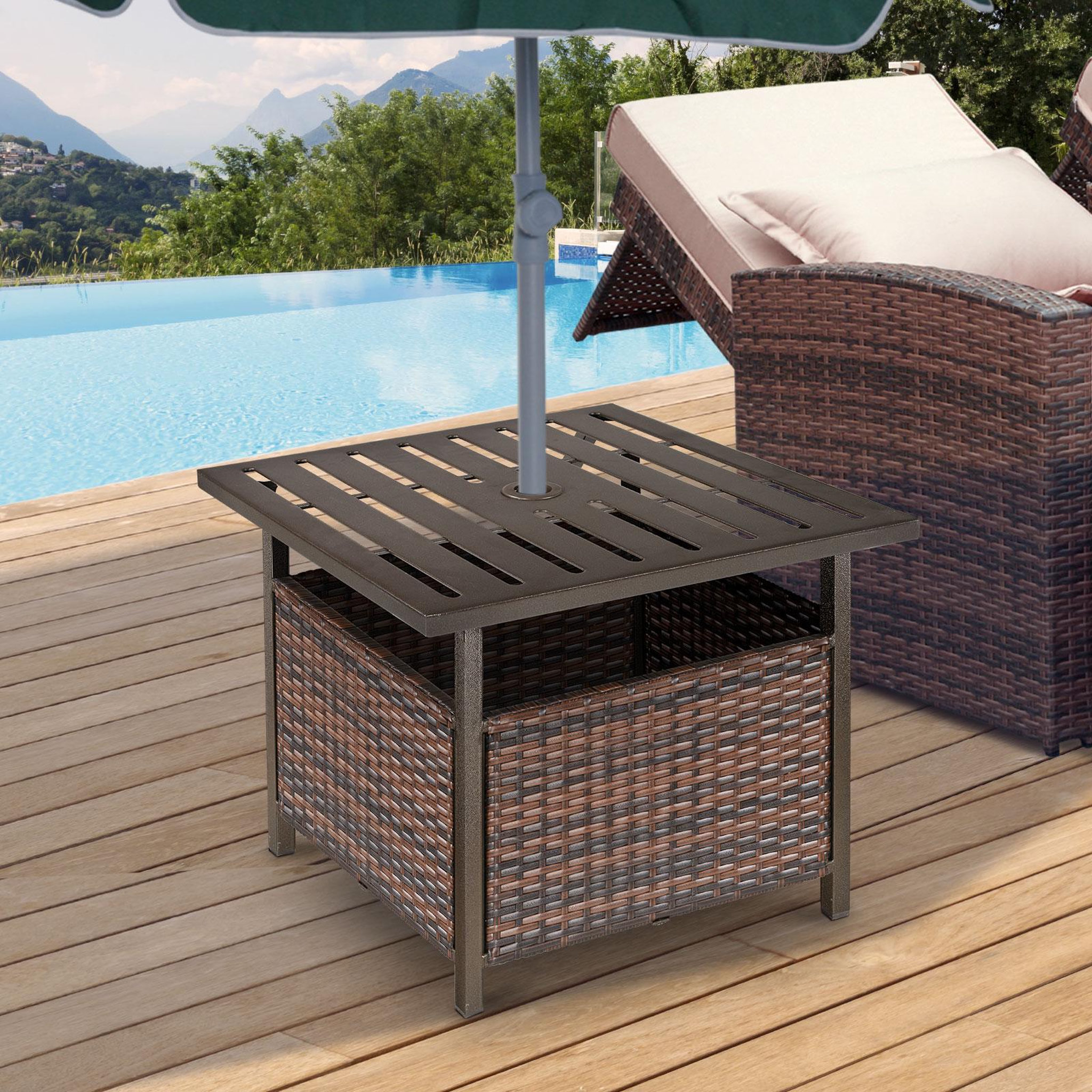 Voir la diapositive 2 : OUTSUNNY Table basse pied de parasol 2 en 1 résine tressée imitation rotin métal époxy chocolat