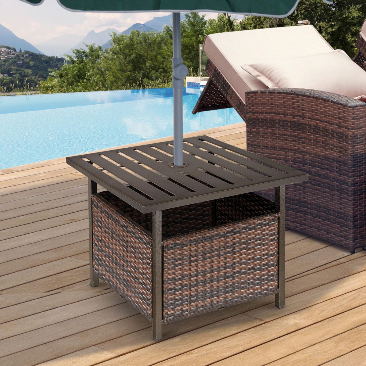 OUTSUNNY Table basse pied de parasol 2 en 1 résine tressée imitation rotin métal époxy chocolat