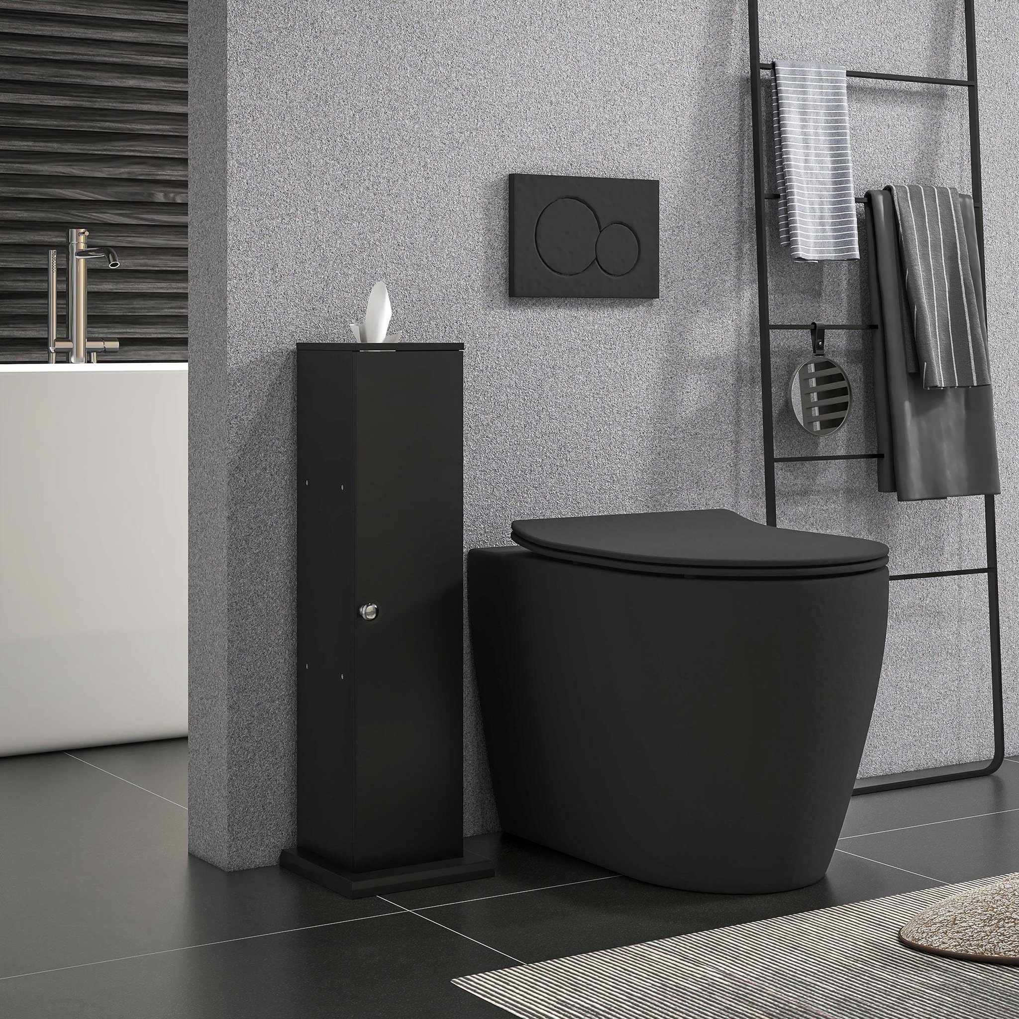 Voir la diapositive 2 : HOMCOM Support papier toilette - porte-papier toilette - armoire pour papier toilette - 3 niveaux + sortie papier mdf noir