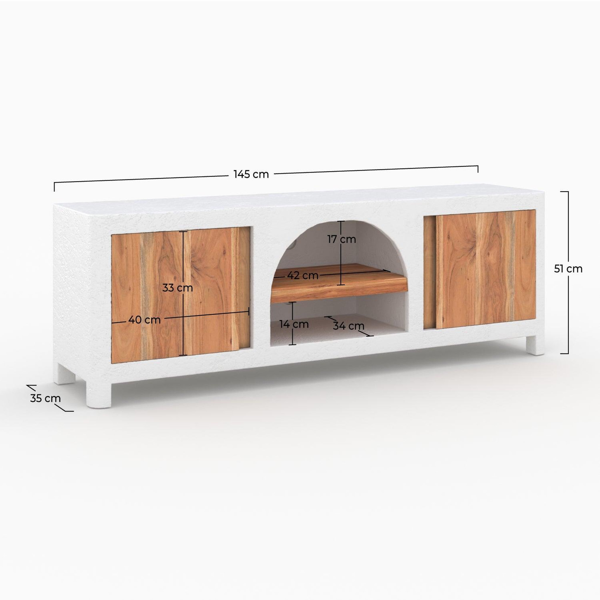 Voir la diapositive 4 : MAISON PAVANE Meuble tv en plâtre blanc cassé et bois d'acacia 145 cm-fira