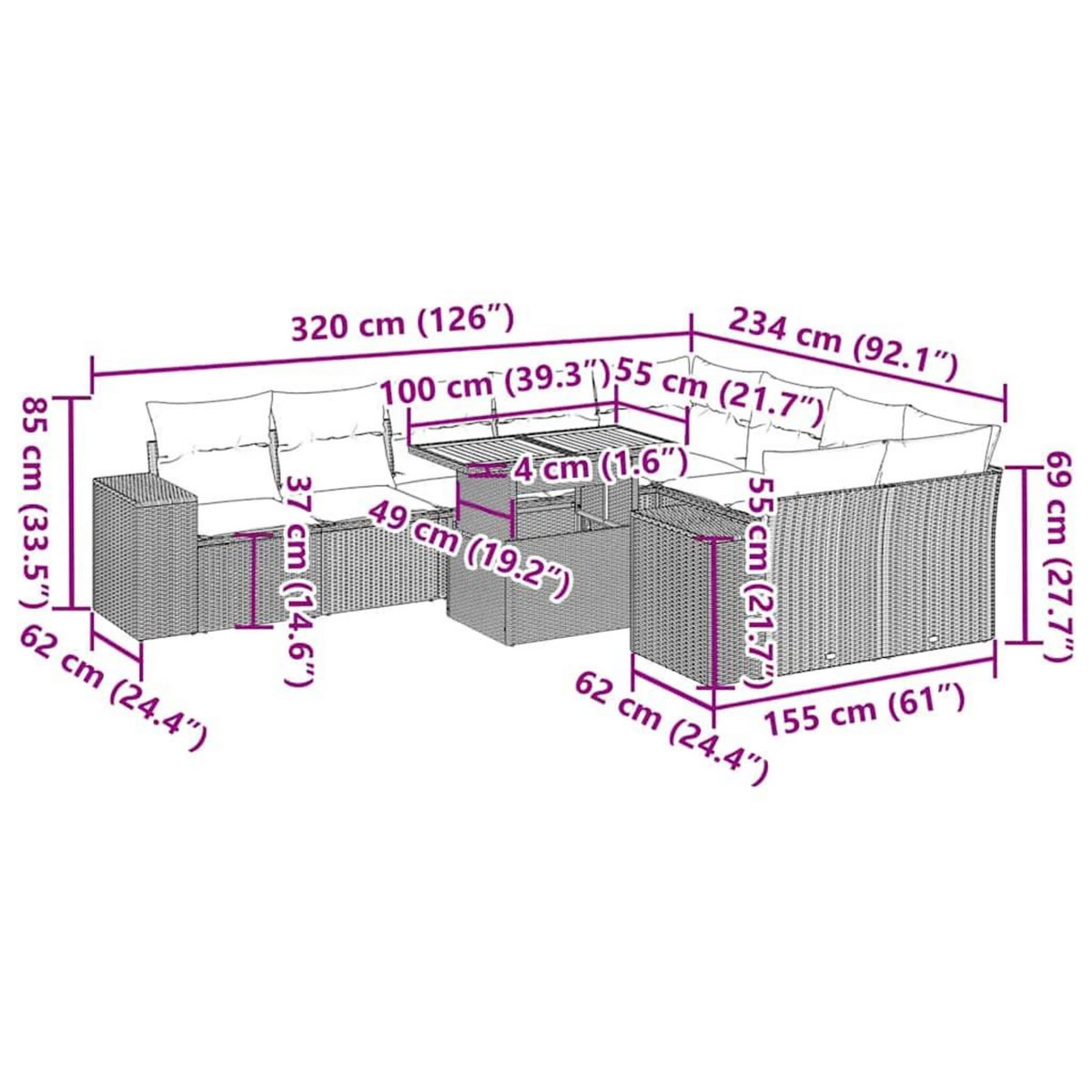 VIDAXL Salon de jardin 10 pcs avec coussins noir resine tressee acacia