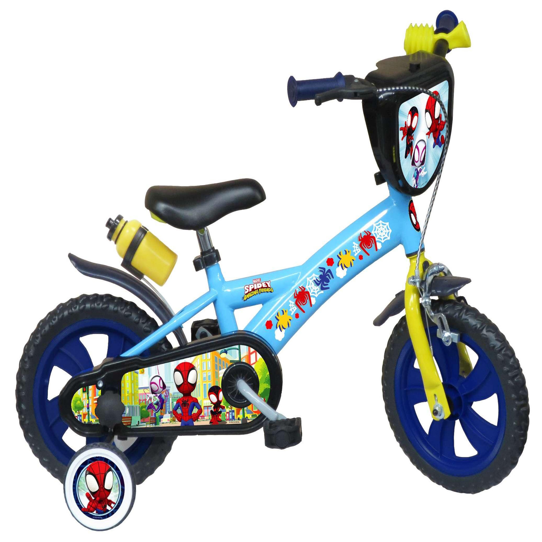 Voir la diapositive 1 : Vélo enfant - Modèle 12'' Spidey et ses amis pour enfant de 85/100 cm avec stabilisateurs - Plaque décorative avant - Porte bidon - 1 frein et roues bâtons