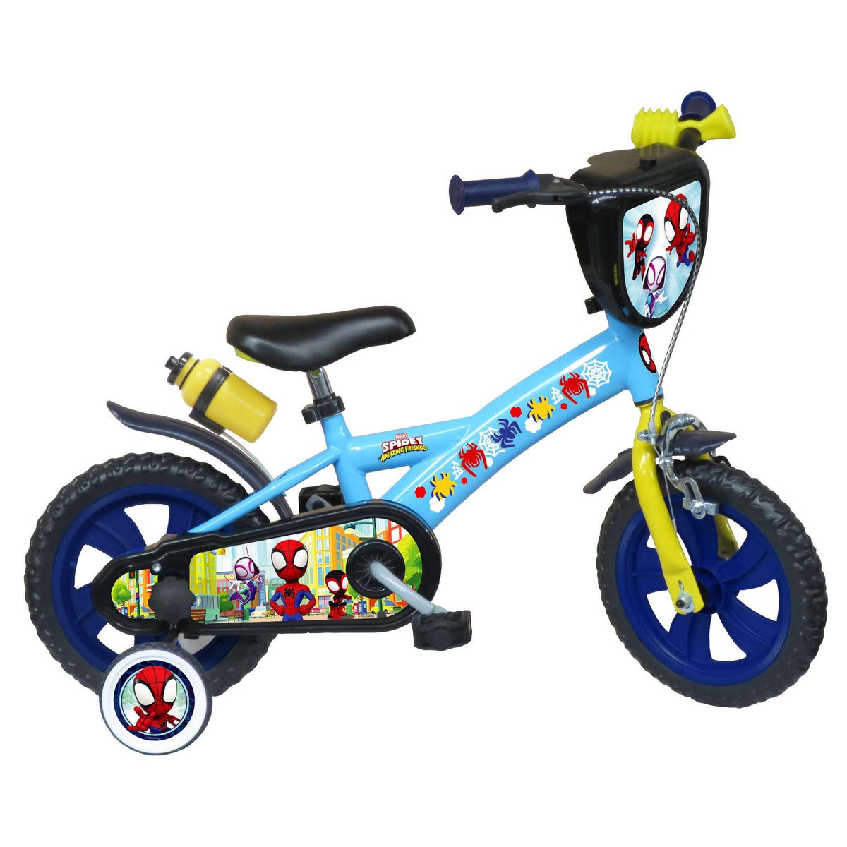 Vélo enfant - Modèle 12'' Spidey et ses amis pour enfant de 85/100 cm avec stabilisateurs - Plaque décorative avant - Porte bidon - 1 frein et roues bâtons