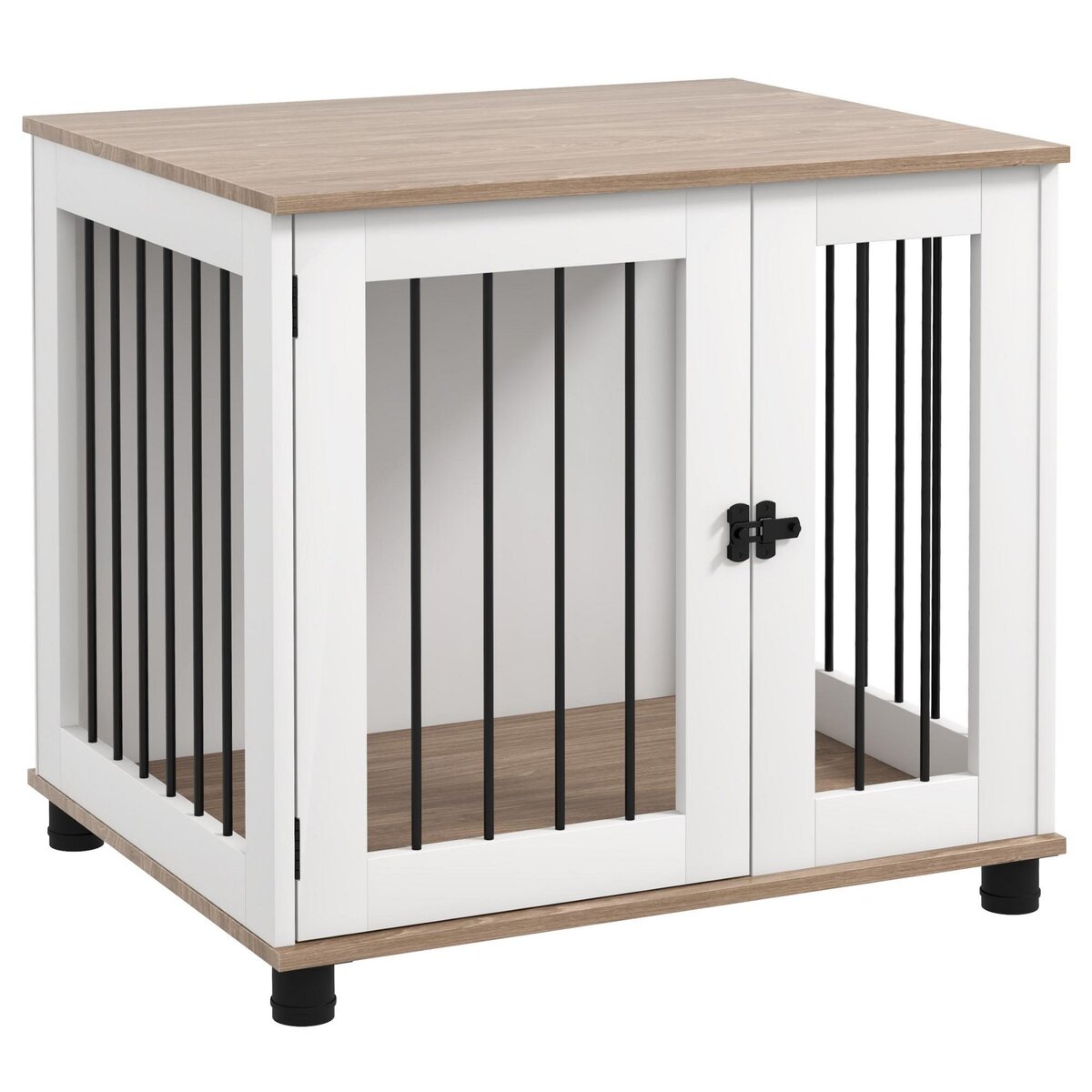PAWHUT Cage pour chien animaux sur pied - porte verrouillable - acier noir panneaux blanc chêne clair