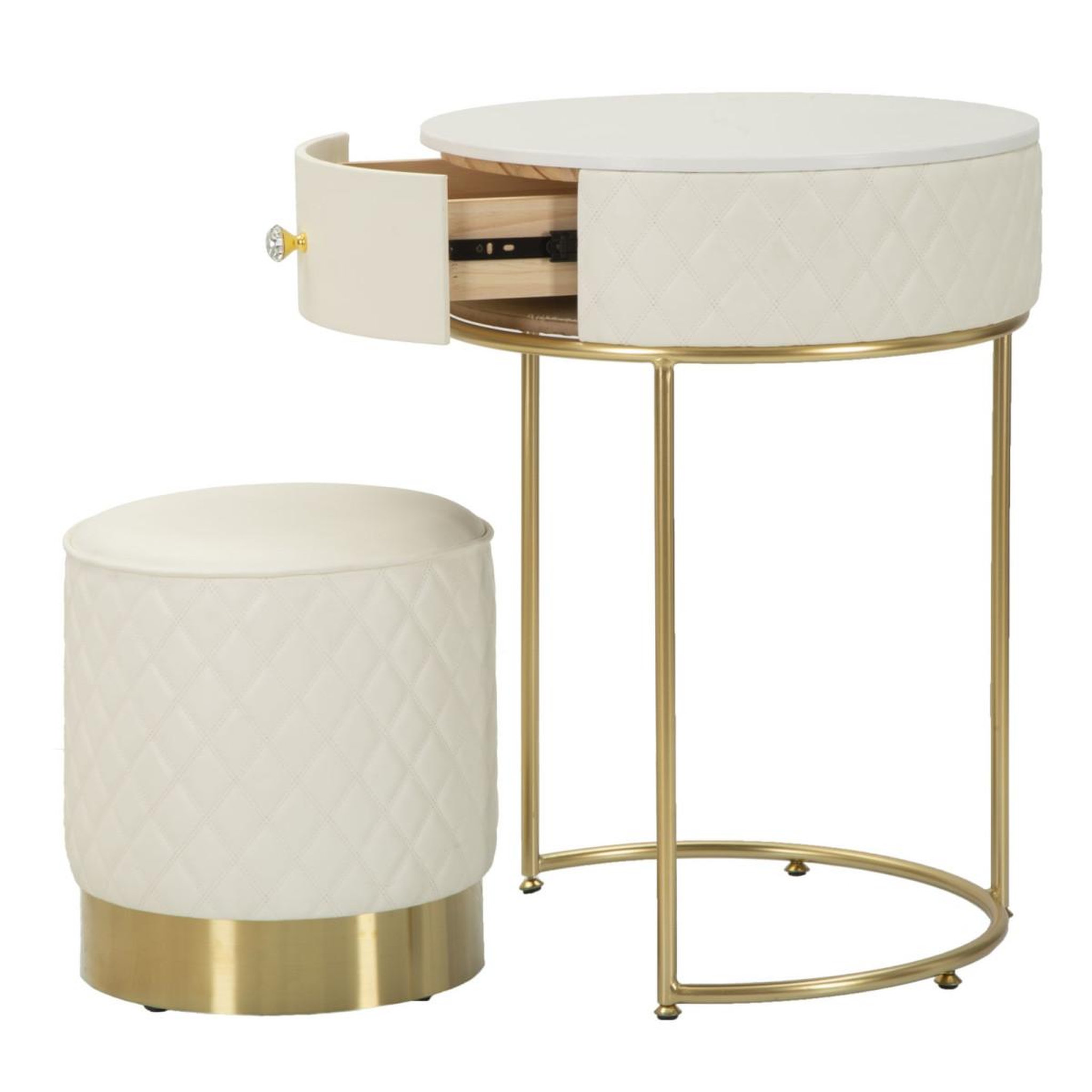 Voir la diapositive 3 : Paris Prix Table de chevet avec pouf  sharon  70cm blanc & or