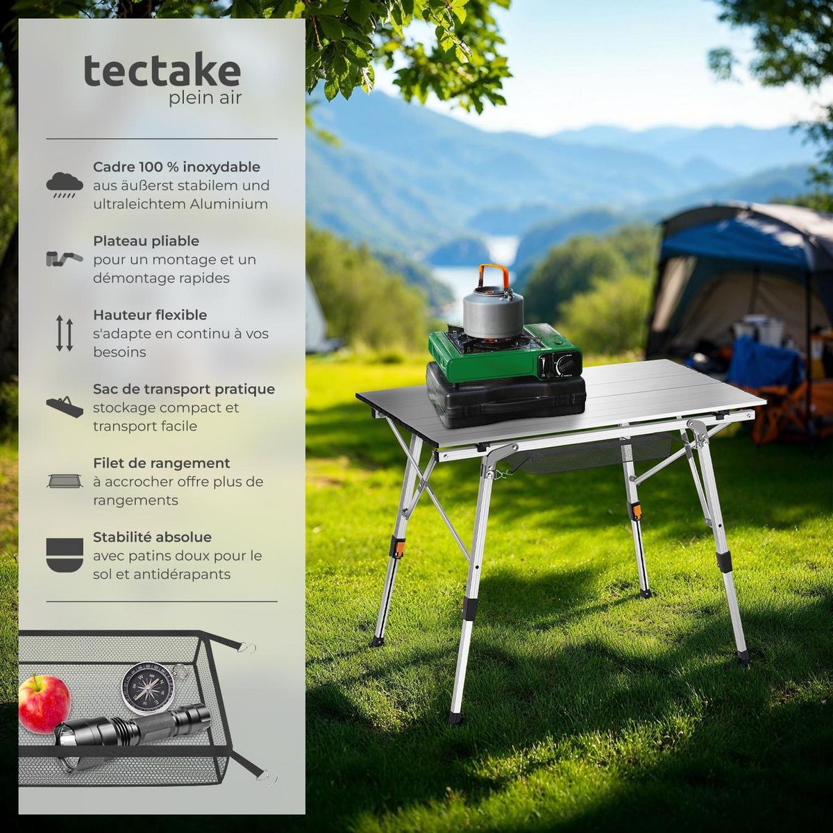 tectake Table de camping pliable argent