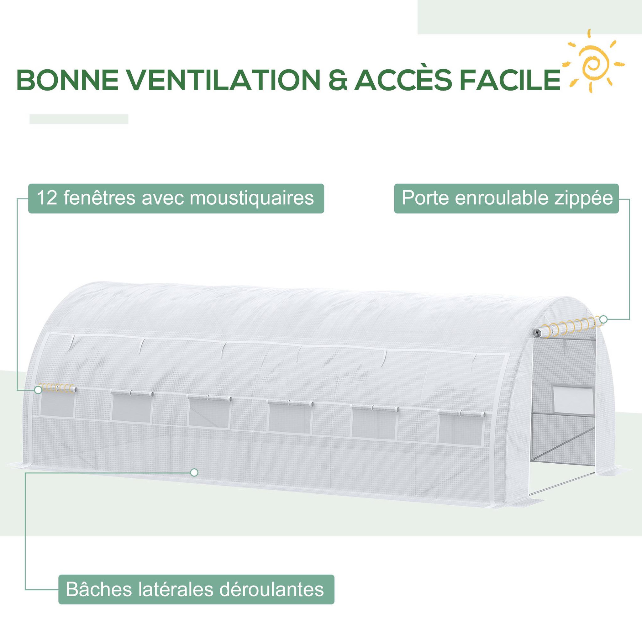 Voir la diapositive 5 : OUTSUNNY Serre de jardin tunnel 18 m² dim. 5,97l x 3,02l x 2h m - 12 fenêtres, porte zippée enroulable - châssis tubulaire acier galvanisé, bâche pe haute densité blanc