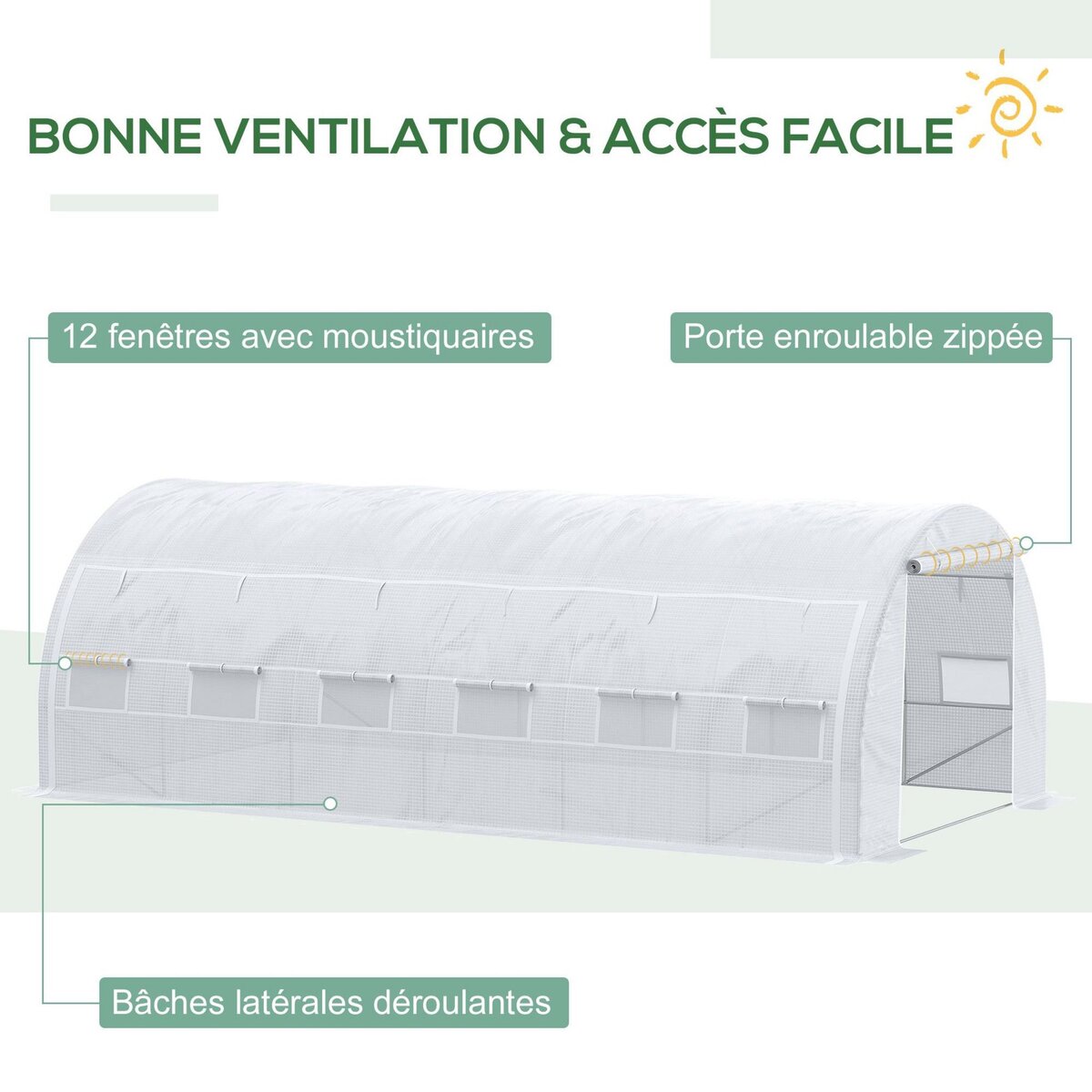 OUTSUNNY Serre de jardin tunnel 18 m² dim. 5,97L x 3,02l x 2H m - 12 fenêtres, porte zippée enroulable - châssis tubulaire acier galvanisé, bâche PE haute densité blanc