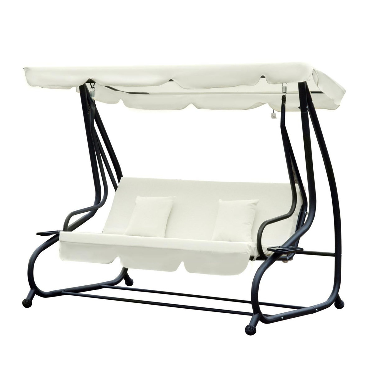 OUTSUNNY Balancelle de jardin 3 places convertible toit inclinaison réglable 2 tablettes support acier époxy gris polyester crème