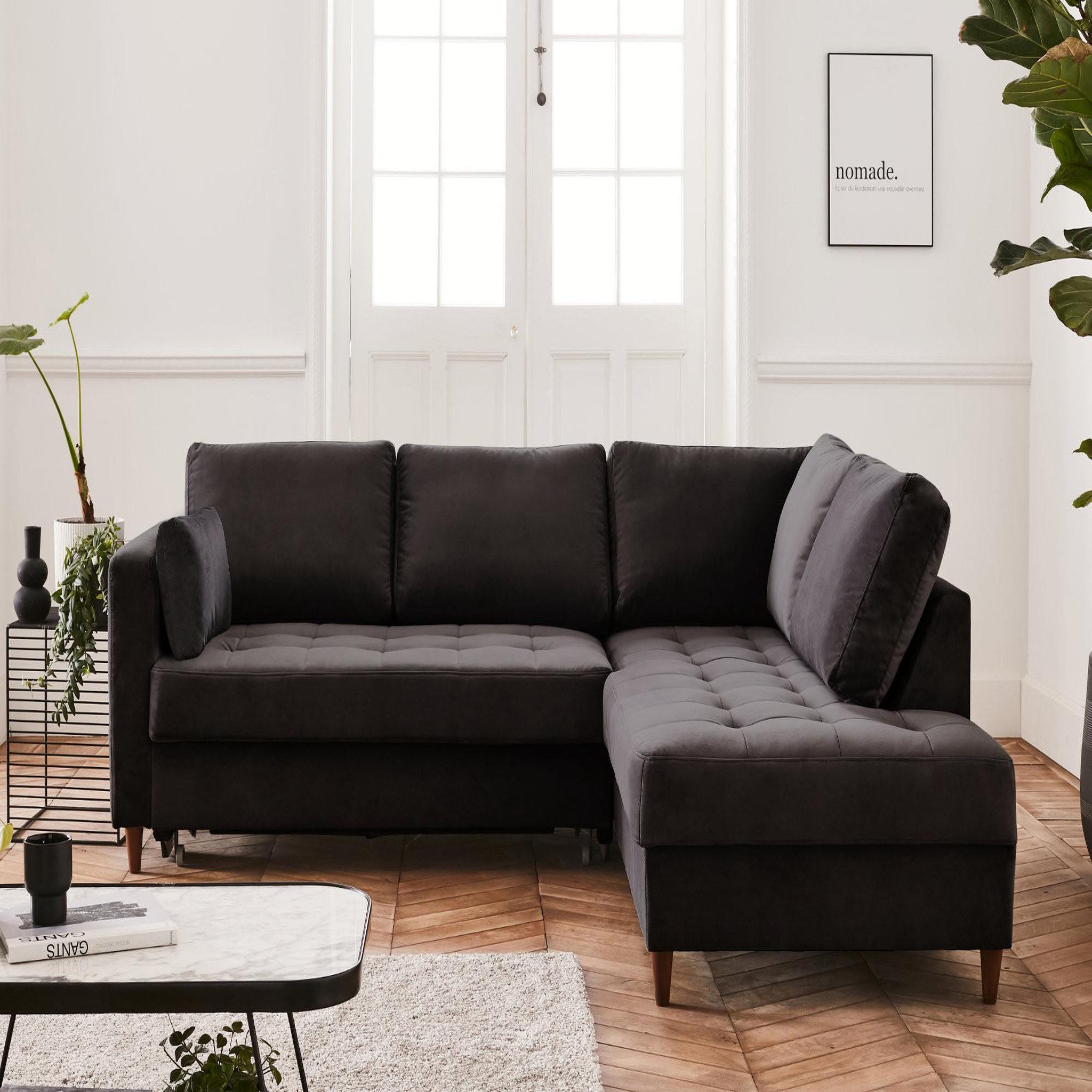Voir la diapositive 2 : BEST MOBILIER Anna - canapé d'angle droit - 5 places - convertible - en velours