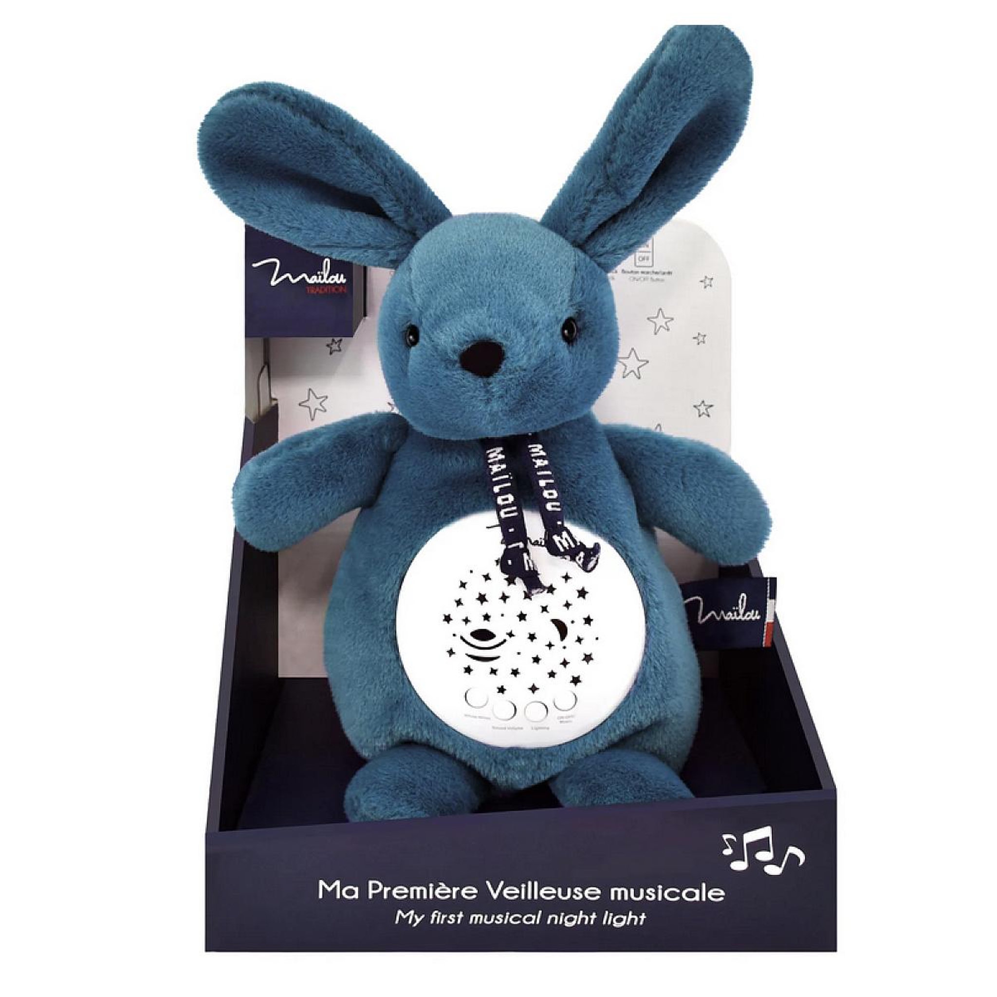 Voir la diapositive 2 : MAILOU Veilleuse bebe musicale - Lapin dorlotin bleu mineral - Mailou