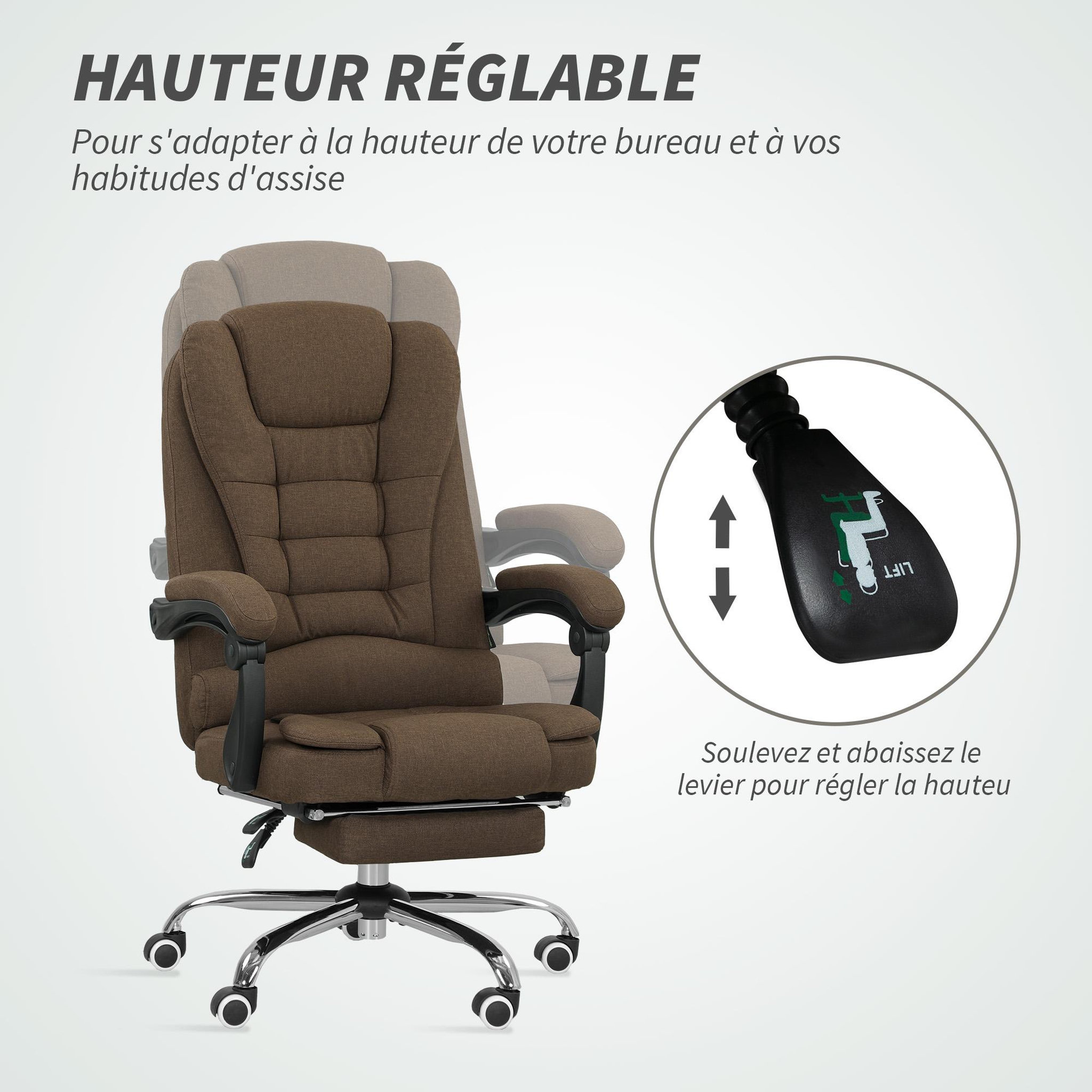 Voir la diapositive 5 : HOMCOM Fauteuil de bureau manager grand confort repose-pied dossier inclinable accoudoirs rembourrés lin beige