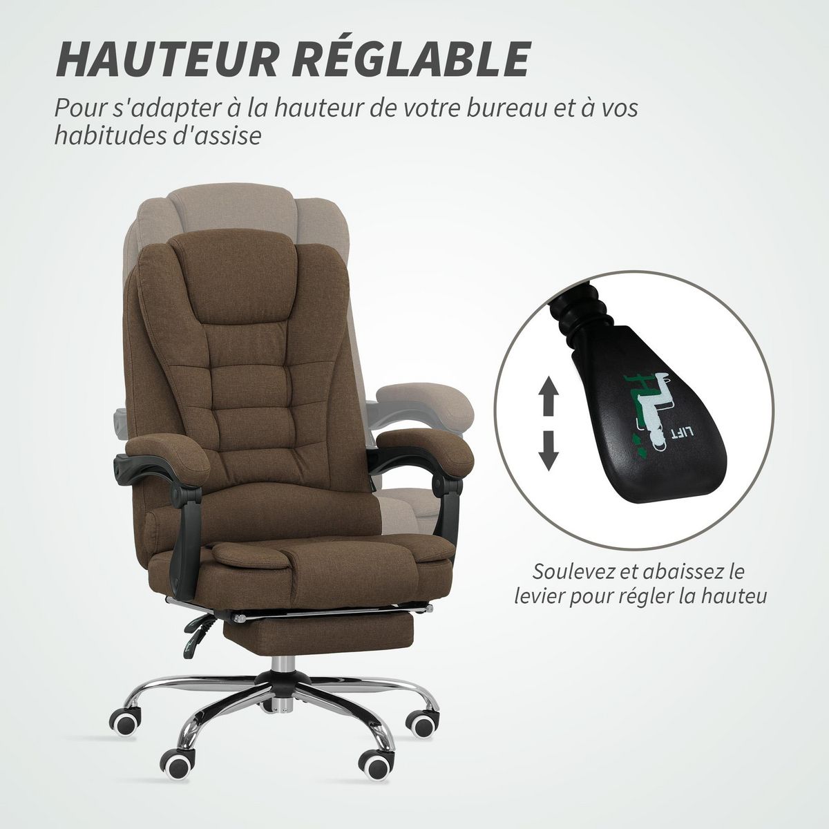 HOMCOM Fauteuil de bureau manager grand confort repose-pied dossier inclinable accoudoirs rembourrés lin beige