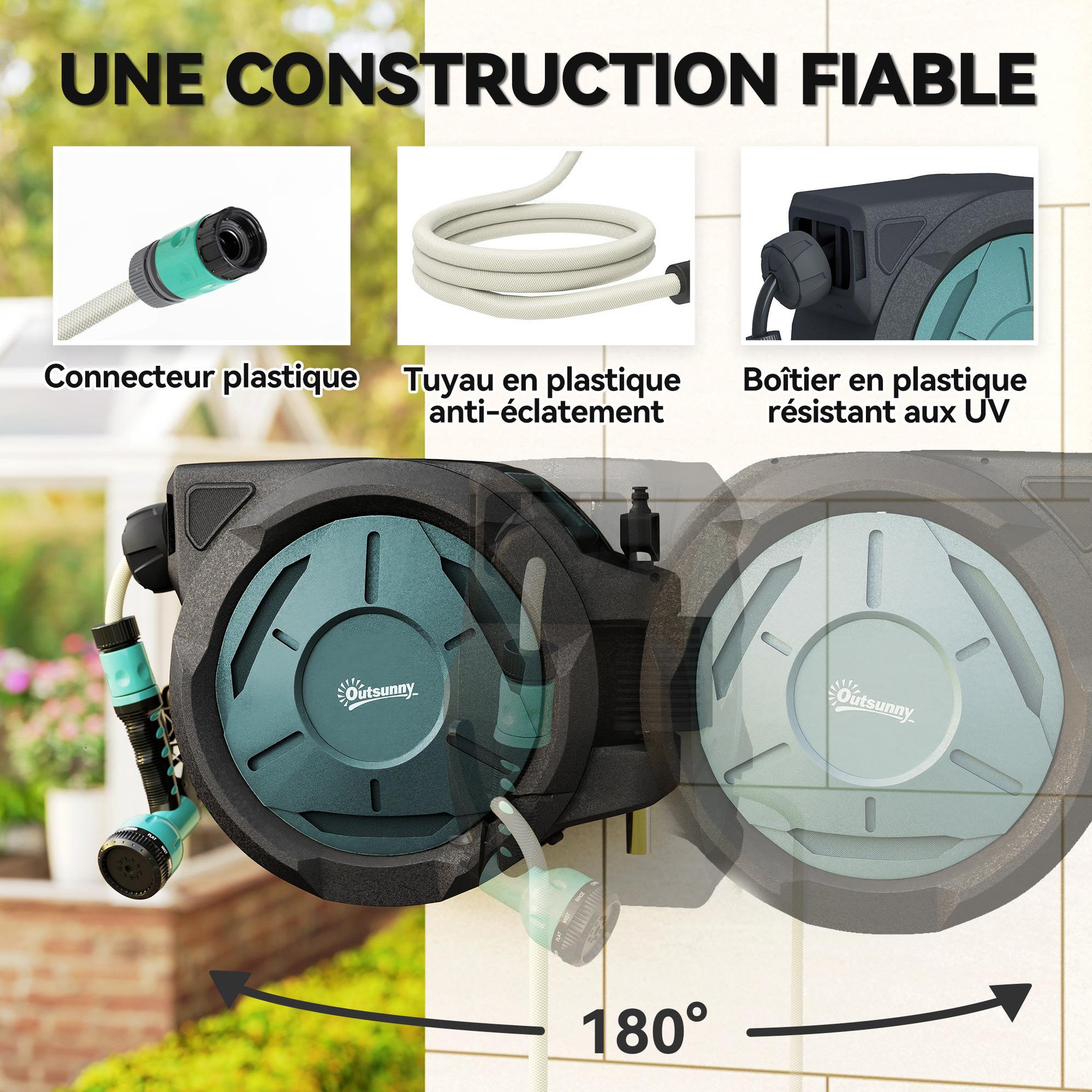 Voir la diapositive 6 : OUTSUNNY Dévidoir mural enrouleur automatique pivotant 180° tuyau 25+2m avec pistolet arrosage support mural intégré vert noir