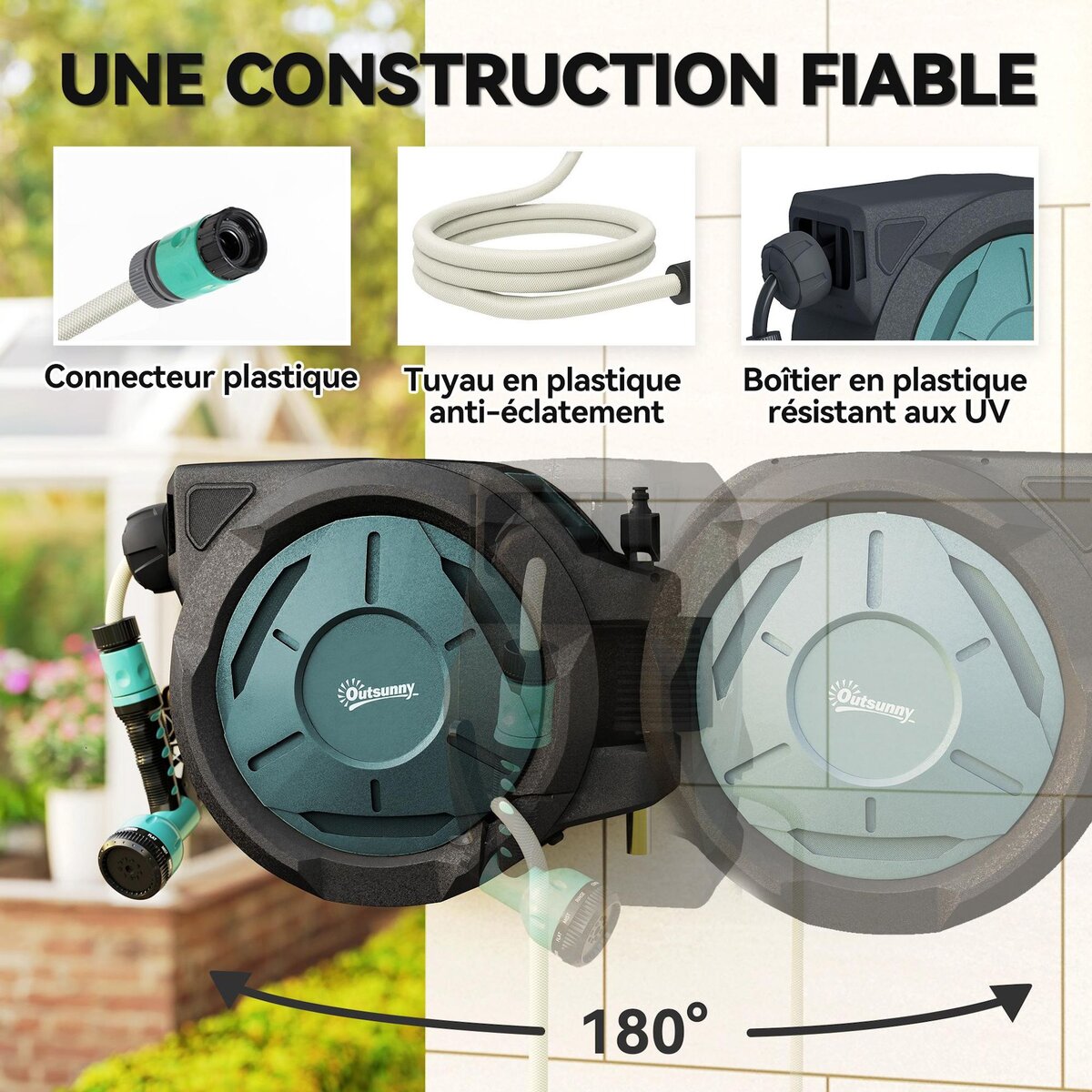 OUTSUNNY Dévidoir mural enrouleur automatique pivotant 180° tuyau 25+2m avec pistolet arrosage support mural intégré vert noir