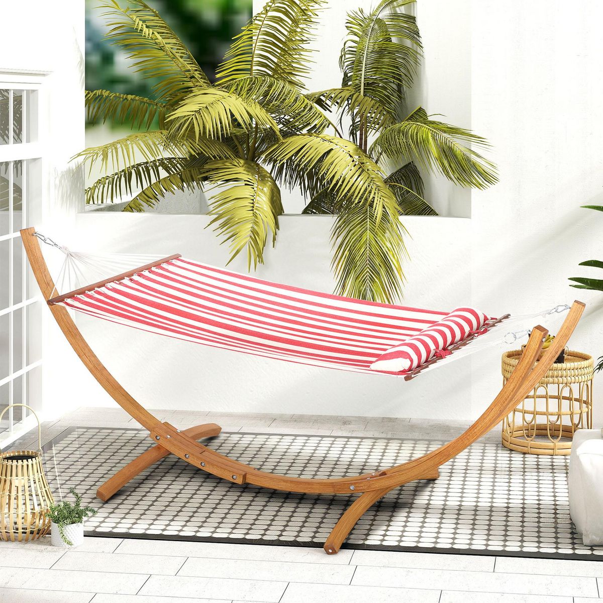 OUTSUNNY Hamac sur pied en bois - 1 place - bois teinte teck toile 100% coton rouge blanc rayée