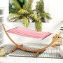 Voir la diapositive 2 : OUTSUNNY Hamac sur pied en bois - 1 place - bois teinte teck toile 100% coton rouge blanc rayée