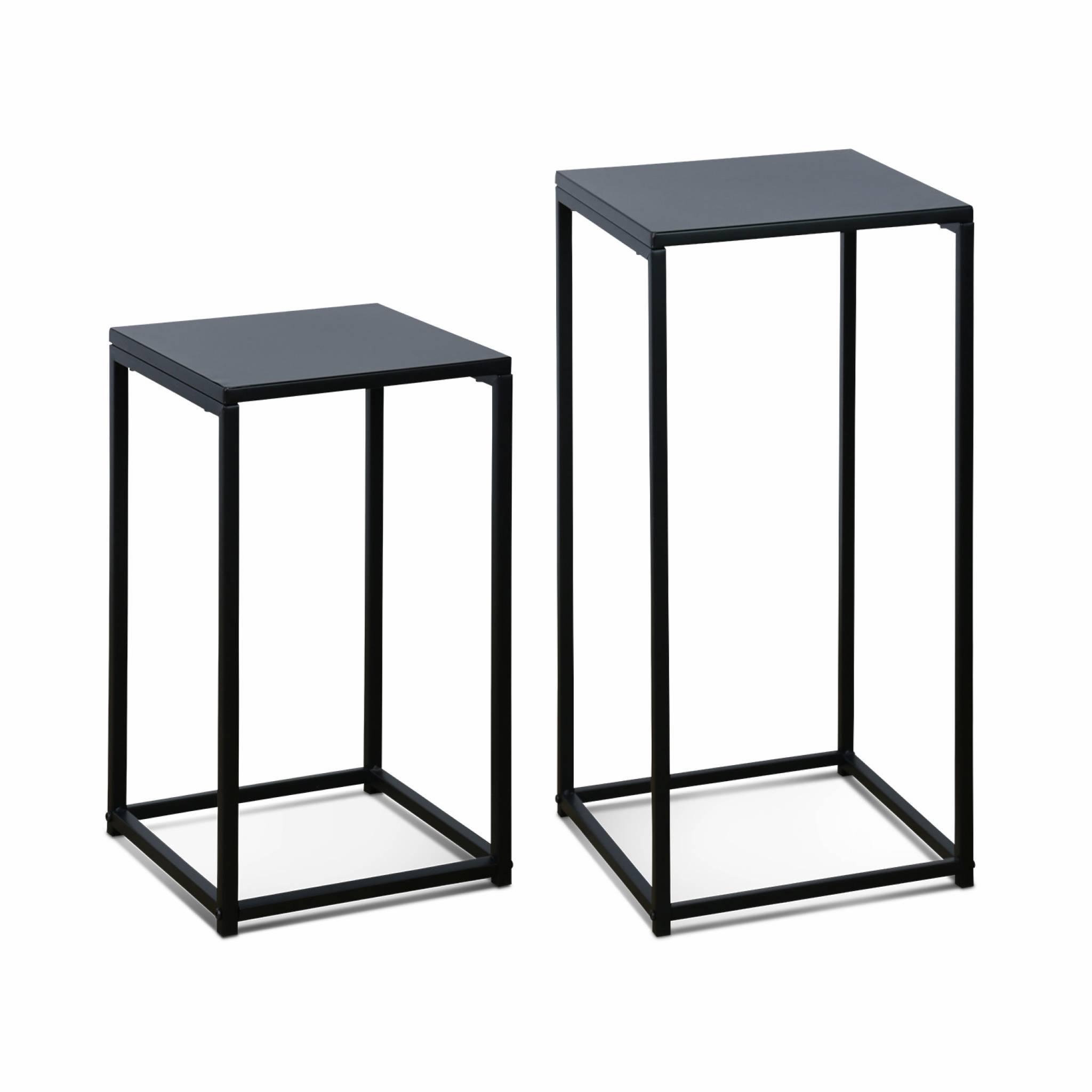 Voir la diapositive 1 : SWEEEK Lot de 2 tables d'appoint gigognes noires - Industrielle - bouts de canapé 34x34x74cm / 30x30x54cm