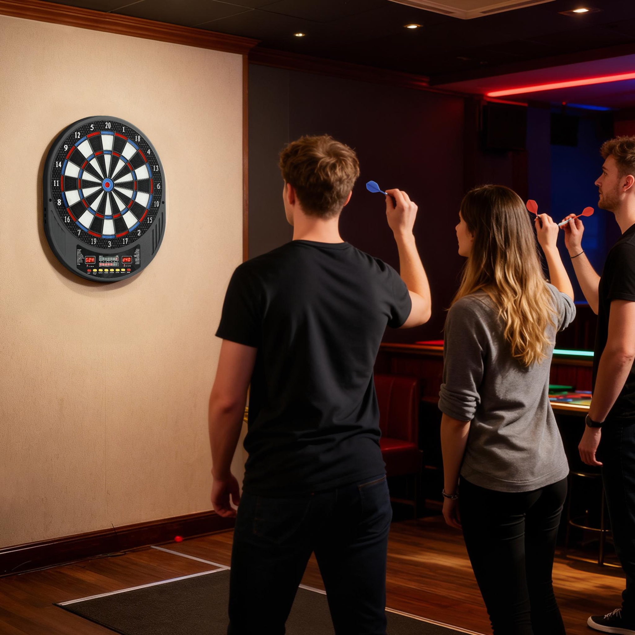 Voir la diapositive 6 : HOMCOM Cible jeu de fléchettes électronique 33 jeux 202 variations jusqu'à 8 joueurs