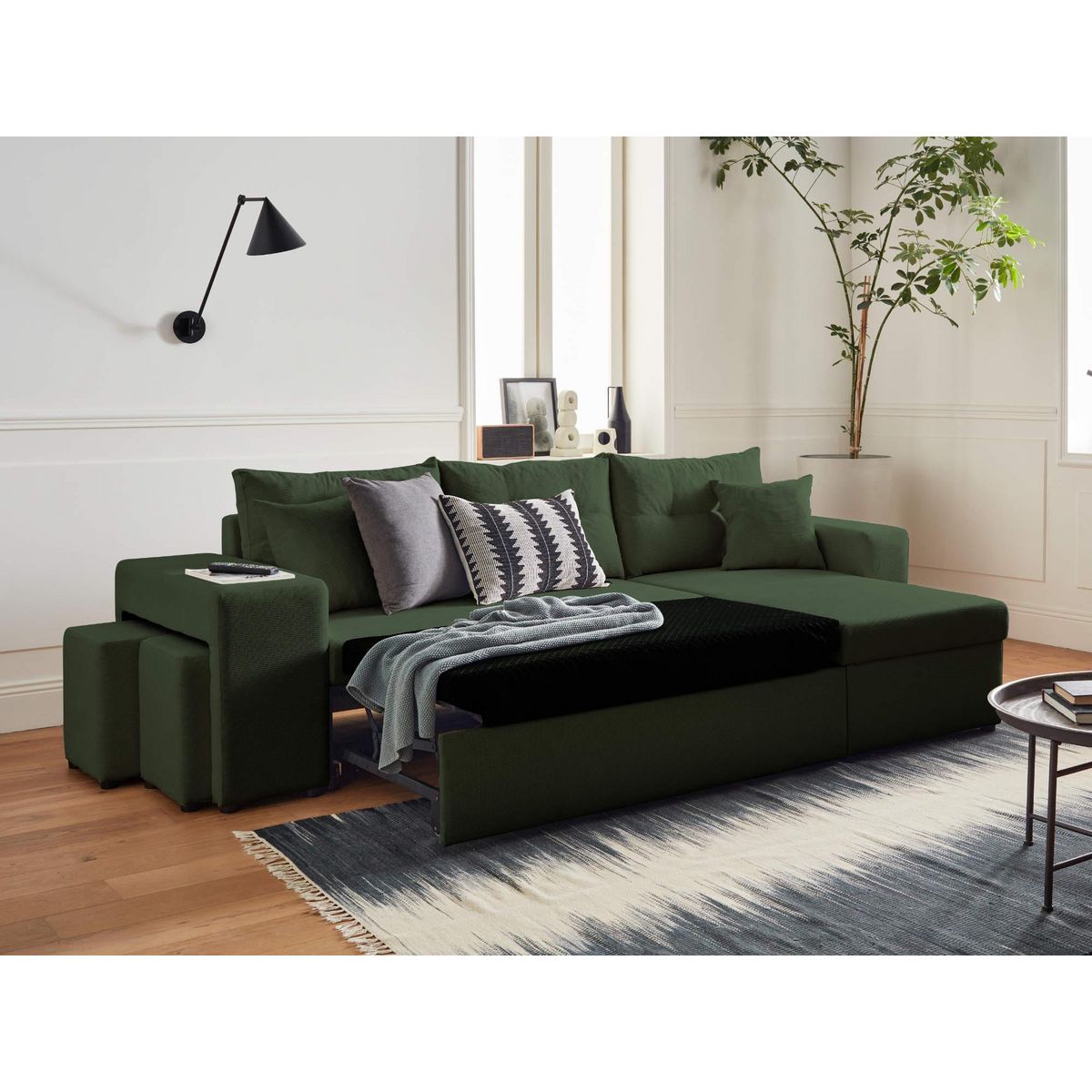 BEST MOBILIER California - canapé d'angle réversible convertible - avec coffre, tablette et poufs - en velours côtelé - 4 places