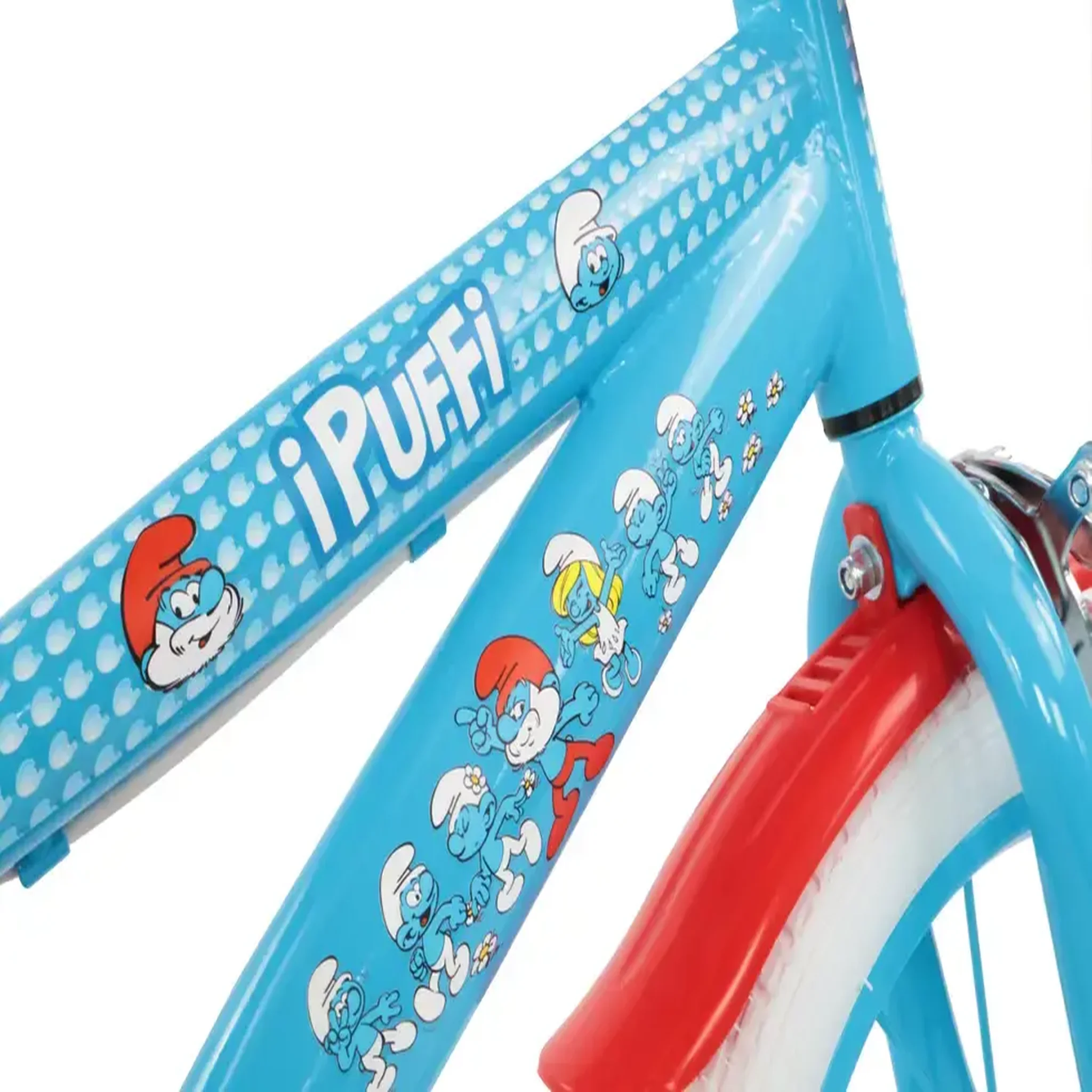 Voir la diapositive 2 : Vélo enfant - Modèle 14'' Schtroumpfs  pour enfant de taille 90 cm à 105 cm équipé de 2 freins, plaque avant, Gardes Boues + Gourde